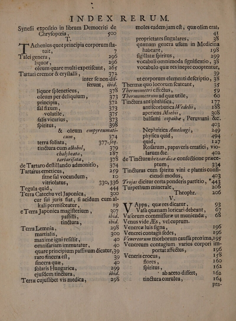 à m M * | Synefii expofitio in librum Democriti de jii e 400 ss Achenius quot principia corporum fla- | tuit, 7 Talci genera , | 296 liquor , 296 oleum quare multiexpetifcant, 265 Tartari cremor & cryltalli , o», inter fe non dif- ferunt, :2:4. - liquor fpleneticus, 379 oleum per sedo ; 373 principia, P ind dalfisum, 373 volatile , 37$ falis vicarius , 373 Ípiritus , 395 & oleum empyresmati- eum , 374 terra foliata, 377-/[eq tin&ura cum ziEoZel, 4 cbalybeata , 187 ztartart[ata , 378 de Tartaro deflillando admonitio, ^ 374 Tartarus emeticus , 2$9 fitne fal vocandum , IO vitriolatus, 330; 336 Tegula quid , 444 Terra Cátechu velJaponica, 300 cur füi juris fiat, fi acidum cum al- kali pérmifceatur ; 19 c Terra Japonicat m i ifterium , 307 illi, zbid. Suigdirs ; 2bid. Terra Lemnia, x 298 martialis, 300 maxime igni tefi (tit j 40 omnifariam immutatur , 4o quare principium paffivum dicatur, 39 raro fincera eft , 39 fincera quz, 4o folaris Hungarica , 299 ejufdem tin&tura, abd. 295 Terra cujuflibet vis medica soles eademjam eft , qusotim erat; 1 proprietates fi ingulares 1 38 quaenam genera ufüm in Medicina habeant, ; 198 figillatz fpiritus , 299 vocabuli omnimoda fignificatio , 35 vocabulo quz resinepte cooptentur, 39 utcorporum elementi defcriptio, 38 Therma quo locorum fcateant , 3$ J bermometri cffectus , $9 T herimometrum ad quz utile , 60 Tin&tura antiphthifica ; 17 antifcorbutica /Z/edelz: , I i ! aperiens /Moeli: ,, | 308 balfamni ' copaibee ; Peruviani &c. 493 Nephritica 7fzelozg: , 249 phyfica quid , 494 quid , 127 Rofarum, papaveris erratici, vio- larum &c 402 de Tin&ureZezoardice confe&ione prace- ptum, 334 Tin&uras cum fpiritu vini e plantis confi- ciendi modus, , 403 rojas dicitur cetta ponderis partitio ; 443 Turpethum minerale, — . 206 x dbipubas I y Appa, quares joe : 93 Vafaquenamloricaridebeant, ^ 67 . Vaíorum commiffurz ut muniendz. , 68 . Venusvide ZEs , velcuprum. Venercz luis figna , 196 Venerei contagii fedes , 196 Veuereorum morborum cauffa proxima,1 95 Venereum contagium varios corpori im- , ^ portataffcQus, 196 Veneris crocus, 1,58 flores , 160 fpiritus , 162 * abaceto differt, 162 tinctura coerulea, 164