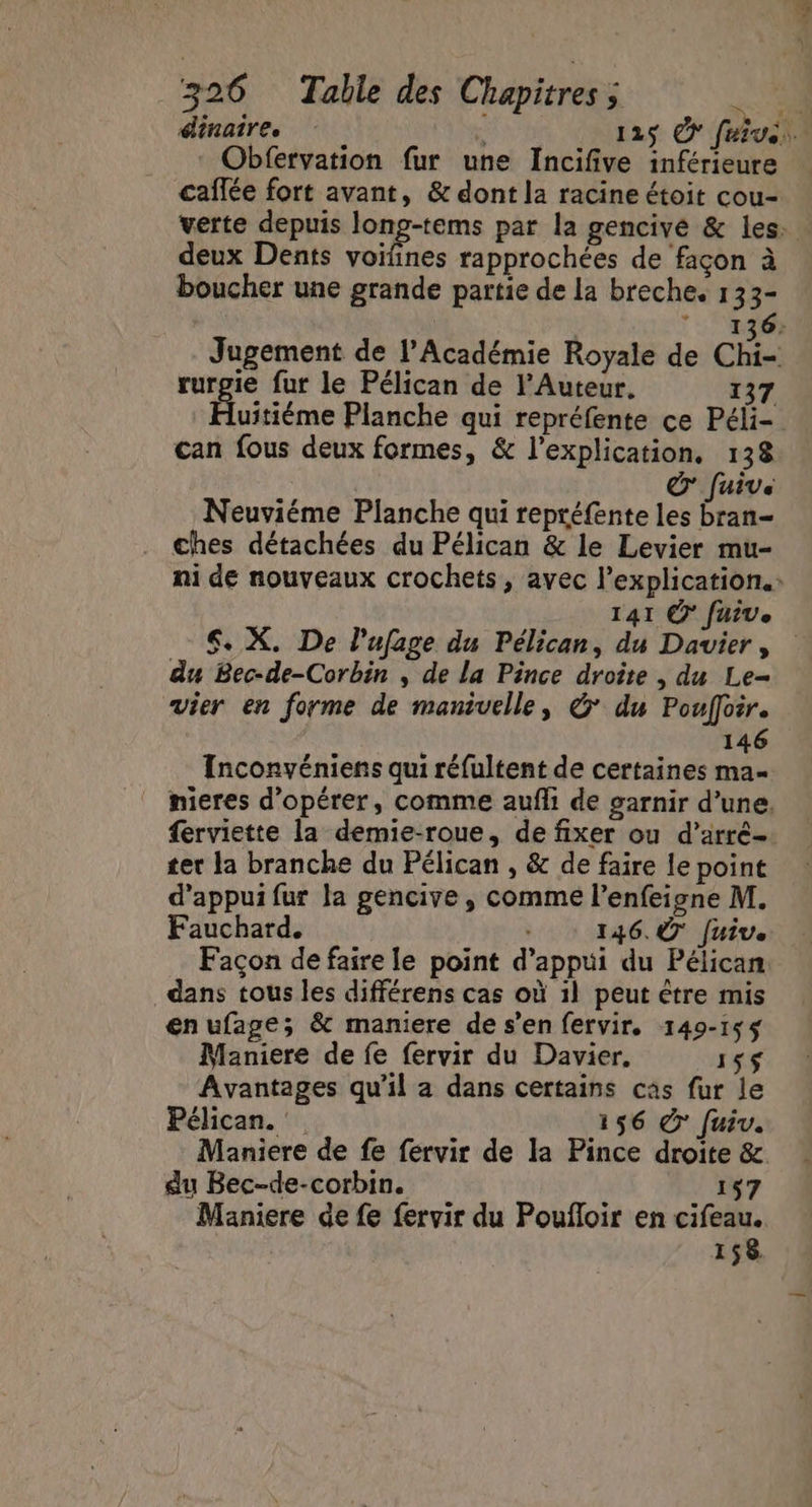 dinaire. | 125 & fus. Obfervation fur une Incifive inférieure caflée fort avant, & dont la racine étoit cou- verte depuis long-tems par la gencivé & les. deux Dents voiïfines rapprochées de façon à boucher une grande partie de la breche, 133- | 136: Jugement de l’Académie Royale de Chi-! rurgie fur le Pélican de l'Auteur. 137 uitiéme Planche qui repréfente ce Péli- can fous deux formes, & l'explication. 138 © Juive Neuviéme Planche qui repréfente les bran- ches détachées du Pélican & le Levier mu- ni de nouveaux crochets , avec l'explication. 1417 © fuive 6. X. De l'ufage du Pélican, du Dauier, du Bec-de-Corbin , de La Pince droite , du Le- vier en forme de manivelle, & du Pouffoir. 146 Inconvéniens qui réfultent de certaines ma- nieres d'opérer, comme aufli de garnir d’une. ferviette la demie-roue, de fixer ou d’arré- ter la branche du Pélican , & de faire le point d'appui fur la gencive , comme l’enfeigne M. Fauchard. : 146. © fuive Façon de faire le point d'appui du Pélican dans tous les différens cas où 1l peut être mis en ufape; & maniere de s’en fervir. 149-155 Maniere de fe fervir du Davier, 15$ Avantages qu’il a dans certains cas fur le Pélican. 156 © fuiv. Maniere de fe fervir de la Pince droite & du Bec-de-corbin. 157 Maniere de fe fervir du Poufloir en cifeau. 158.