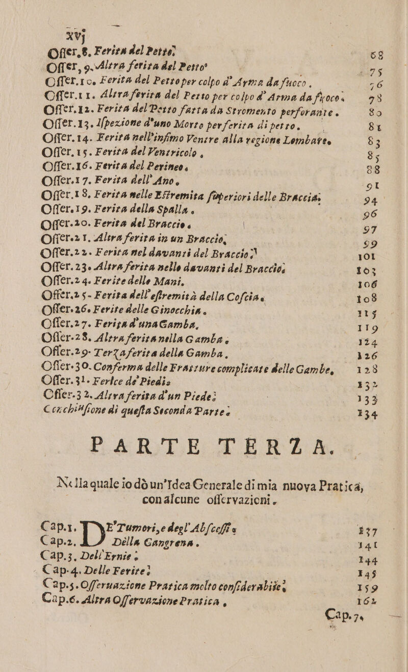 —_ xVj Ofier,8. Ferita del Petto] 68 Of, guAltra ferita del Pesto i DI Offer.1o, Ferita del Pertoper colpo d° Arma dafuoco. ; Offer.11. Alsraferira del Petto per colpo d° Arma da fxoco4 vi Offer.12. Ferita del Petto farta da Stromento perforante. g Offer.13. I/pezione d'uno Morro perferita di petto. 8x Offer. 14. Ferita nell’infimo Venire alla regione Lomba$te 83 Offer.15. Ferita del Ventricolo , 8; Offer.16. Ferita del Perineo, 28 Offer.1 7. Ferita dell’ Ano, sI Ofer.18, Ferita melle EStremita foperiori delle Braccis 94 Offer.19. Ferita della Spalla . i 96 Offer.20. Ferita del Braccio. | 97 Ofîerss 1. Altra ferita sn un Braccio, 69 Offer. ». Ferita neldavanti del Braccio) 101 Offer. 23. Altra ferita nello davanti del Braccio; 103 Offer.2 4. Ferite delle Mani. | 106 Offer.2 5- Ferita dell’efiremità della Cofcia è 108 Ofler.26. Ferite delle Ginocchia . 115 Ofler.2 7. Ferisa d’unaGamba, 119 Ofler-23. Alera feritanella Gamba; 124 Ofler.29- TerZaferita della Gamba, 126 Offer:30. Conferma delle Frassure complicate delle Gambe, ‘128 Offer. 31. Ferlce de Piedis 13% Ofler.3 2. Aleva ferita d'un Piede: 133 CorchiBfione di queffa Seconda Parte: 134 b4&amp;RBDERERZA, 4 Nella quale io dò un’Tdea Generale di mia nuova Pratica, conalcune offervazioni. Cap.r. E'Tumori,e degl'AL/coff è 837 Cap.2. Della Cansrena. 140 Cap.3. Dell'Eynie è 144 Cap:-4. Delle Ferirei 145 Cap.s.O/feruazione Pratica molto confiderabite? 159