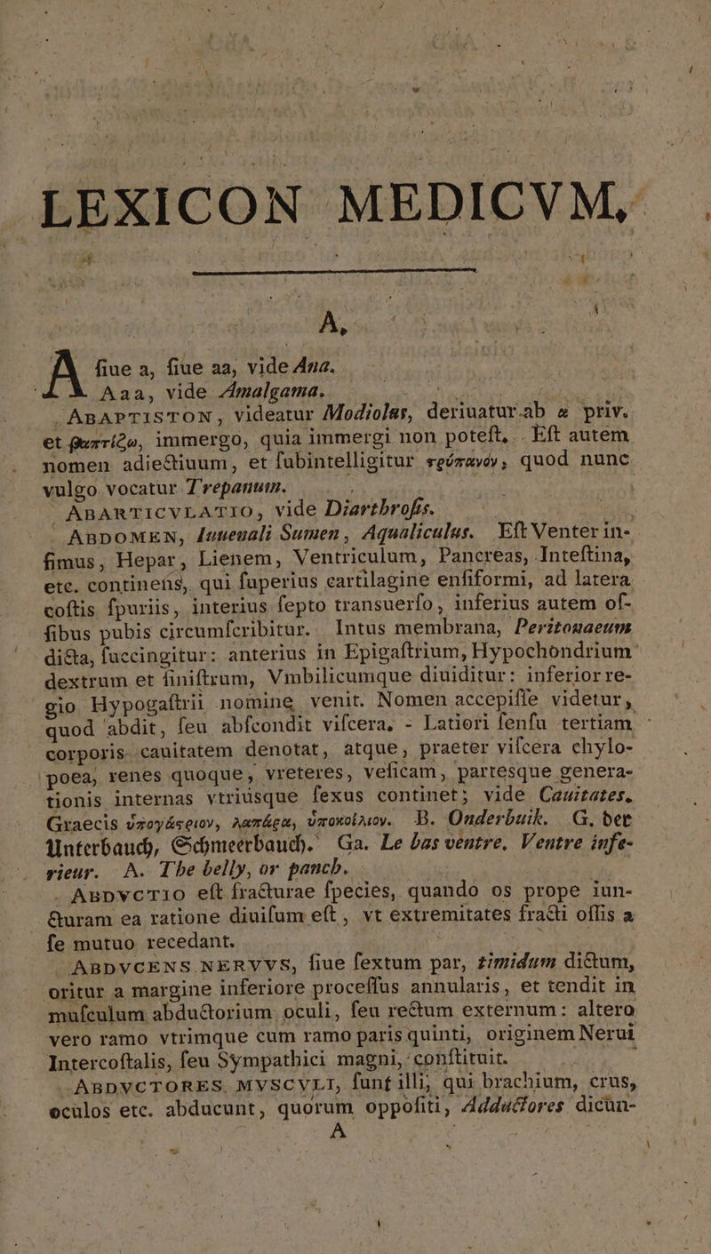 LEXICON MEDICVM, 3j. Y ; Ma l A, S - : y Y fiue a, fiue aa; vide Ana. Aaa, vide Zmalgama. — pA VAN ,ABAPTISTON, videatur Modiolas, deriuatur.ab &amp; priv. et Qurríto, immergo, quia immergi non poteft, Eft autem nomen adie&amp;tiuum, et fubintelligitur seóravó,, quod nunc vulgo vocatur T'repanum. 5 T j ABAnTICVLATIO, vide Diartbrofrs. | 1 ABDOMEN, Jutienali Sumen , Aqualiculus. Eft Venter in- - fimus, Hepar, Lienem, Ventriculum, Pancreas, Inteftina, ete. contineüis, qui fuperius eartilagine enfiformi, ad latera coftis fpuriis, interius fepto transuerfo, inferius autem of- fibus pubis circumfcribitur. . Intus membrana, Peritouaeum dicta, fuccingitur: anterius in Epigaftrium, Hypochondrium: dextrum et finiftrum, Vmbilicumque diuiditur: inferiorre- gio Hypogaftrii nomine venit. Nomen accepiffe videtur, quod abdit, feu. abfcondit vifcera, - Latieri fenfu tertiam corporis cauitatem denotat, atque, praeter vifcera ehylo- 'poea, renes quoque , vreteres, veficam , partesque genera- tionis internas vtriusque fexus continet; vide Cauitates., Graecis vzey&amp;seiv, A&amp;mágm, vmoxolauy. B. Onderbuik. |.G, bet interbaud), Gmieerbaudh. Ga. Le £as ventre, Ventre infe- sieur. A. Tbe belly, or pancb. ! | . ABpvc TiO eft fracturae fpecies, quando os prope iun- Guram ea ratione diuifum eft, vt extremitates fra&amp;i ollis a fe mutuo recedant. iue Rd MET. ABDVCENS.NERVVS, fiue fextum par, timidum dictum, oritur a margine inferiore proceffus annularis, et tendit in mufculum abdu&amp;torium. oculi, feu re&amp;um externum: altero vero ramo vtrimque cum ramo paris quinti, originem Nerui Intercoftalis, feu Sympathici magni, conftituit. E ABDVCTORES. MVSCVYLI, funf illi; qui brachium, crus, ecülos ete. abducunt, quorum oppofiti, ddducores dicün- s b