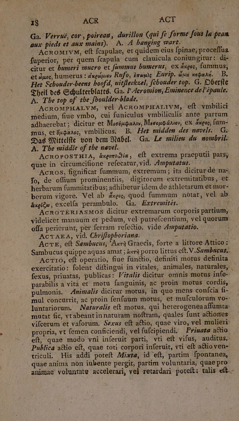 19. ACR . dO VOY H Ga. Verrue, cor , poireau , durillon (qui fe forme fous la pean | aux pieds et aux mains). A. A banging wart. VD AcnonirvM, eft fcapulae, et quidem eius fpinae; proceffus. - fuperior, per quem fcapula cum clauicula coniungitur: di-- citur er bumeri mucro et fummus bumerus, ex Zxgos, fummus; et es06; humerus: dxeapuev Rufi 0, £r epe Eurip. aug xsQaAw. B. Het Schouder-beens boof4, uitfleekzel, [cbouder top. G. becfte S'beil be&amp; Gdiulterblattá. Ga. P 4cromion, Eminence de l'épaule. A. The top of. tbe fboulder-blade. TTA AcROMPHALVM, vel ACROMPHALIVM, eft. vmbilici medium, fiue vmbo, cui funiculus vmbilicalis ante partum adhaerebat ; dicitur et Mecéudahov, MecojQ £v, eX. 2xeec, fum- inus, et/uQaao;, vmbilicus. B. Het midden des navels. G. Gya8 SRittelfte oon bem 9tabel. Ga. Le milieu du noimbril. A. Tbe middle of tbe navel. CU Ael, SR CR ACROPOSTHIA, &amp;xgor«3Jíu , eft extrema praeputii parsy quae in cireumcifione refecatur, vid. Amputatus. Acnos, fignificat fummum, extremum; ita dicitur de na*, fo, de offium prominentiis, digitorum extremitatibus, et herbarum fummitatibus; adhibetur idem de athletarum et mor- borum vigore. Vel ab Z«geg, quod fummum notat, vel ab &amp;xeío , excelfa perambulo. Ga. Extreitér. 222 NN ACROTÉRIASMOS dicitur extremarum corporis partium, videlicet manuum et pedum, vel putrefcentium, vel quorum . offa perierant, per ferram refectio. vide 4mputatio. ACTAEA, vid. Chriffopboriana. - AcTE, eft Sambucus, 'Axrà Graecis, forte a littore Attico: Sambucus quippe aquas amat ; zxrà porro littus eft. V.Sembucus.. AcT10, eft operatio, fiue functio, definiti motus definita exercitatio: folent diftingui in vitales, animales, naturales, - fexus, priuatas, publicas: Vitalis dicitur emnis motus infe- parabilis a vita et motu fanguinis, ac proin motus cordis, . pulmonis. Zmimalis dicitur motus, in quo mens confcia fi- | mul concurrit, ac proin fenfaum motus, et mufculorum vo-- luntariorum. Naturalis eft motus, qui heterogeneaaffumta: mutat fic, vtabeantinnaturam noftram, quales funt actiorfes- vifcerum et vaforum. Sexus eft a€tio, quae viro, vel mulieri - propria, vt femen conficiendi, velfufeipiendi. Prisate actio eft, quae modo vni inferuit parti, vti eft vifus, auditus, Publica a&amp;io eft, quae toti corpori inferuit, vti eft actioven- triculi. His addi poteft Mix?a, id eft, partim fpontanea, quae anima non iubente pergit, partim voluntaria, quae pro animae voluntate accelerari, ve] retardari poteft: talis eft. -