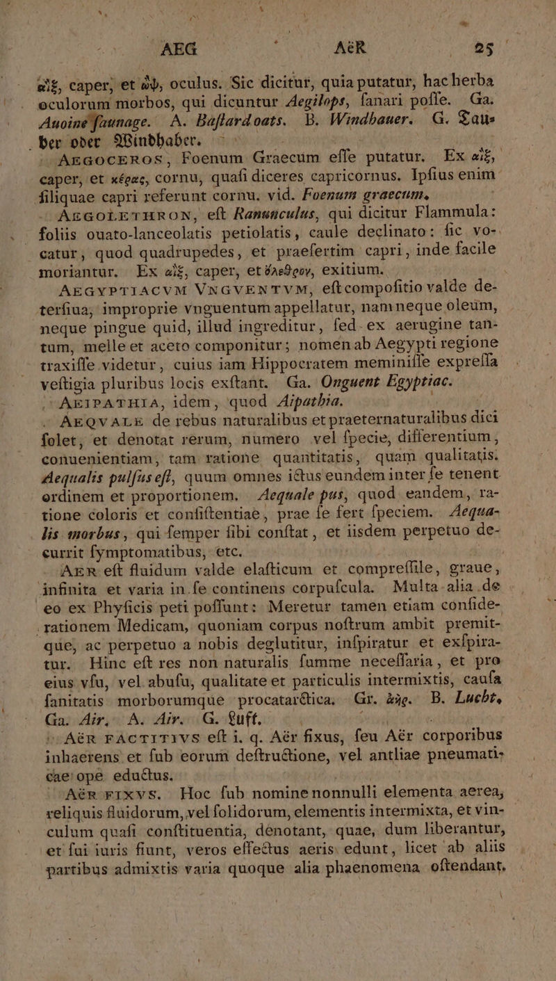 AEG ; AER. J 5 e£, caper; et à, oculus. Sic dicitur, quia putatur, hac herba eculorum morbos, qui dicuntur Zegileps, fanari poffe. — Ga. Auoine faunage. A. Baflardoats. B. Windbauer..— G. Saus .ber ober 9Binbbaber. ——— a PE antea -» AEGOCEROS, Foenum Graecum effe putatur. Ex a£, caper, et xégzc, cornu, quafi diceres capricornus, Ipfius enim. filiquae capri referunt cornu. vid. Foenum graecum. — A&amp;GOLETHRON, eft Ransuculus, qui dicitar Flammula: - folis ouato-lanceolatis petiolatis, caule declinato: fic vo-. - catur, quod quadrupedes, et praefertim capri , inde facile moriantur. Ex ei£, caper, et éas9eoy, exitium. AEGYPTIACVM VxGVEN TVM, eftcompofitio valde de- terfiua; improprie vnguentum appellatur, namneque oleum, neque pingue quid, illud ingreditur, fed. ex aerugine tan- tum, melle et aceto componitur; nomen ab Aegypti regione traxiffe videtur, cuius iam Hippocratem meminiffe expreffa veftigia pluribus locis exftant. Ga. Ongwent Egyptiac. AEIPATHIA, idem, quod Zipatbia. li | AEQvALE de rebus naturalibus et praeternaturalibus dici folet, et denotat rerum, numero vel fpecie, dilferentium, conuenientiam, tam ratione quantitatis, quam qualitatis. Aequalis pulfasefl, quum omnes i&amp;tus eundem inter fe tenent ordinem et proportionem, | Zequale pus, quod eandem, ra- tione coloris et confiftentiae, prae fe fert fpeciem. | Aequa- lis amorbus, qui femper fibi conftat , et iisdem perpetuo de- currit fymptomatibus, etc. | AER eft fluidum valde elafticum et. compreífile, graue, infinita et varia in fe continens corpufcula. Multa.alia.de eo ex Phyficis peti poffunt: Meretur tamen etiam confide- rationem Medicam, quoniam corpus noftrum ambit premit- que, ac perpetuo a nobis deglutitur, infpiratur et exfpira- tur. Hinc eft res non naturalis fumme neceffaria , et pro eius vfu, vel abufu, qualitate et particulis intermixtis, caufa fanitatis. morborumque procatar&amp;ica, Gr. àag. B. Lucbt, Ga. Air, A. Air. .G. uff... rl ^-ABR FAcTITIVS efti, q. Aér fixus, feu Aér corporibus inhaerens et fub eorum deftru&amp;tione, vel antliae pneumati: cae'ope eductus. rtt d ^vAém rrxvs. Hoc fub nomine nonnulli elementa aerea, reliquis luidorum, vel folidorum, elementis intermixta, et vin- culum quafi conftituentia, denotant, quae, dum liberantur, et fai iuris flunt, veros effectus aeris. edunt, licet ab aliis partibus admixtis varia quoque alia phaenomena | oftendant, A