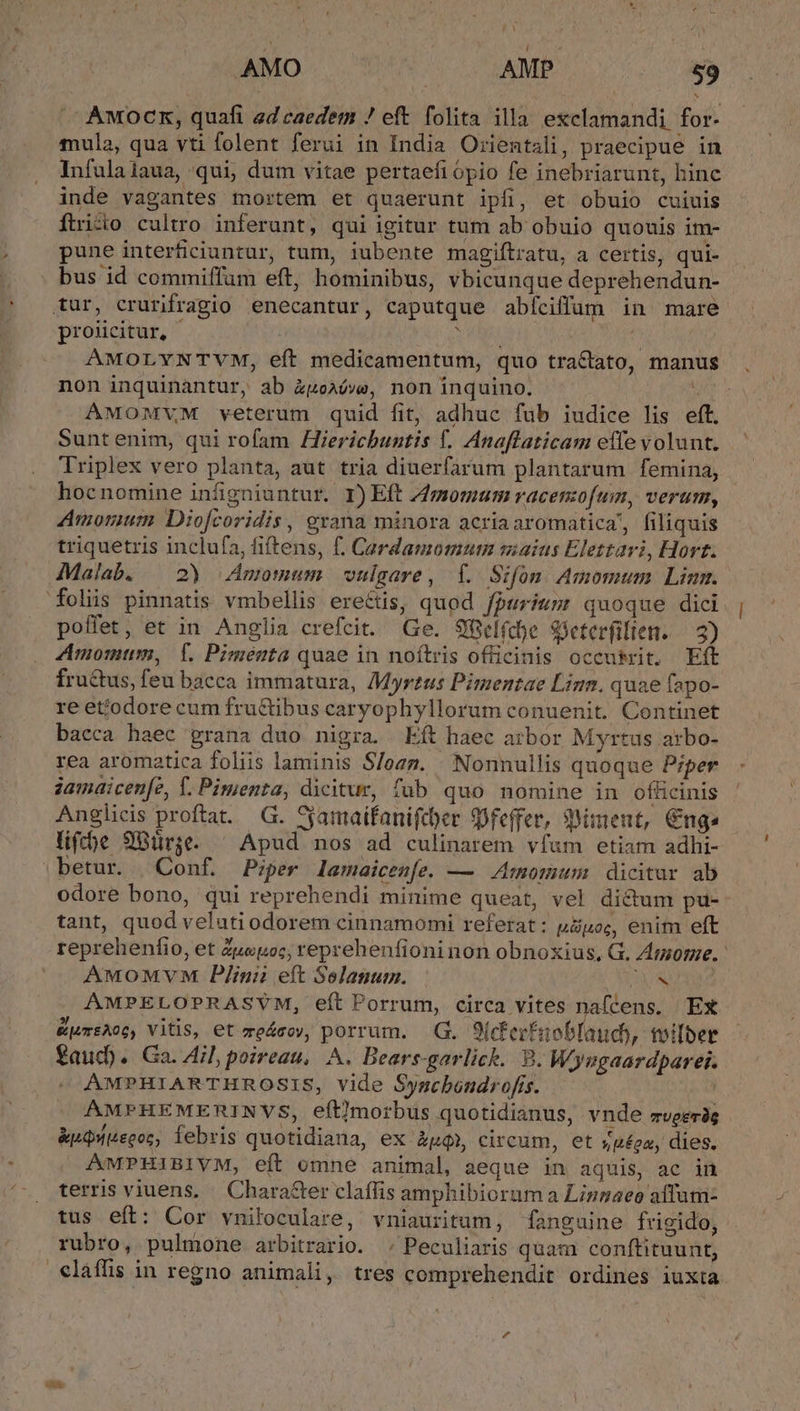 Awocn, quafi ed caedem / eft folita illa exclamandi for- mula, qua vti folent ferui in India Orientali, praecipue in Infulaiaua, qui, dum vitae pertaefi ópio fe inebriarunt, hinc inde vagantes mortem et quaerunt ipfi, et obuio cuiuis ftrido cultro inferunt, qui igitur tum ab obuio quouis im- pune interficiuntur, tum, iubente magiftratu, a certis, qui- bus id commiffum eft, hominibus, vbicunque deprehendun- tur, crurifragio enecantur, caputque abíciffüm in mare proucitur, ORE ! AMOLYNTVM, eft medicamentum, quo tractato, manus non inquinantur, ab &amp;poióvwe, non inquino. Ar AMONMV,M veterum quid fit, adhuc fub iudice lis eft. Sunt enim, qui rofam Hierichuntis f. Anaflaticam effe volunt. Triplex vero planta, aut tria diuerfarum plantarum femina, hocnomine inügniuntur. I) Eft Zmomum racenofum, verum, Amomum Dio[coridis , grana minora acriaaromatica', filiquis triquetris inclufa, fiftens, f. Cerdamomum maius Elettari, Hort. Malab. | 2) momum vulgare, 1. Sifon Amomum Linm. folis pinnatis vmbellis ere&amp;tis, quod fpurism quoque dici poffet, et in Anglia crefcit. Ge. 9Belídhe SSeterfilien. — 2) Amomtm, 1. Piménta quae in noítris officinis occutrit. Eft fru&amp;tus, feu bacca immatura, Myrtus Pimentae Linn. quae fapo- re ettodore cum fructibus caryophyllorum conuenit. Continet bacca haec grana duo nigra. Et haec arbor Myrtus arbo- rea aromatica foliis laminis Sloan. | Nonnullis quoque Piper jamaicenfe, T. Pimenta, dicitur, fab quo nomine in officinis Anglicis proftat. G. Syamaifanifcber SDfeffer, 3Simeut, €ngs life 9Bürsje- ^ Apud nos ad culinarem vfum etiam adhi- betur. Conf. Piper lamaicen[e. — Amomum dicitar ab odore bono, qui reprehendi minime queat, vel dictum pu- tant, quod velutiodorem cinnamomi referat: p3poc, enim eft reprehenfio, et Zuepoc; reprehenfioninon obnoxius, G. Z4morme. ' AMOoMVM. Plinii eft Selanum. | DL AMPELOPRASYM, eít Porrum, circa vites na(cens. Ex &amp;pumsAo0, Vitis, et meácov, porrum. G. 9(cfevfroblauch, toilber £aud). Ga. Ail, poireau, ^. Bears-garlick. D. Wyugaardparei. AMPHIARTHROSIS, vide Syschbondrofis. AMPHEMERINVS, eft)morbus quotidianus, vnde mveeràg &amp;pQiuegoc, febris quotidiana, ex àpqi, circum, et »u£ou, dies. AMPHIBIVM, eft omne animal, aeque in aquis, ac in terris viuens, — Chara&amp;er claffis amphibiorum a Linzsaeo affum- tus eft: Cor vniloculare, vniauritum, fanguine frigido, rubro, pulmone arbitrario. ; Peculiaris quam conftituunt, cláflis in regno animali, tres comprehendit ordines iuxta