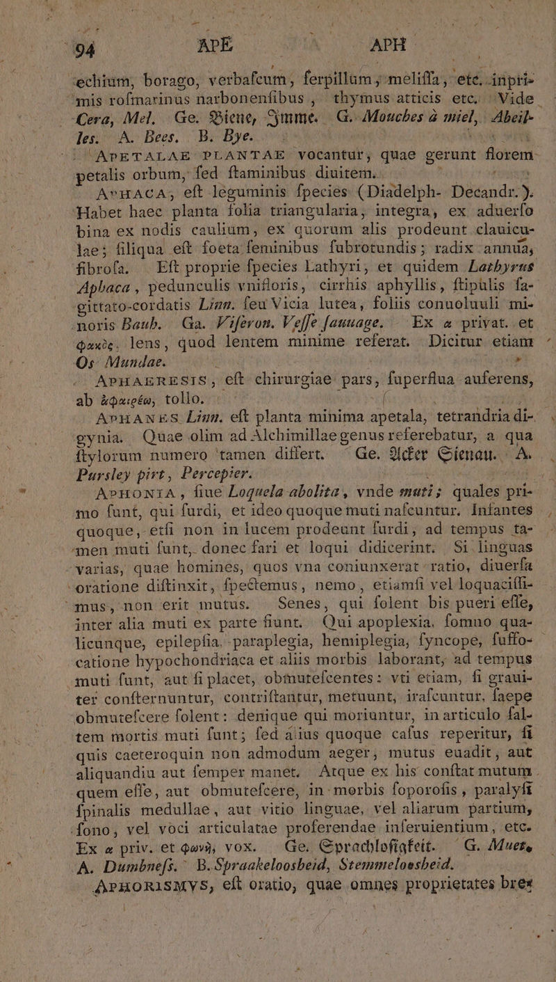 -— 794 ADE S wA APH :echium, borago, verbafeum, ferpillam ; meliffa , ete, inpri- mis rofmarinus narboneníibus , thymus atticis etc. Vide. -Cera, Mel, | Ge. $5iene, Smme. | G.Moucbes à miel, Abeil- ]es. A. Bees. | B. Bye... baa SM ^D APETALAE PLANTAE vocantur, quae gerunt florem- petalis orbum, fed ftaminibus diuitera.. AHACA; eft leguminis fpecies (Diadelph- Decandi.). Habet haec planta folia triangularia, integra, ex aduerfo bina ex nodis caulium, ex quorum alis prodeunt clauicu- ]1ae; filiqua eft foeta feminibus fubrotundis; radix annia, fibrofa. . Eft proprie fpecies Lathyri, et quidem Laerbyrss Aphaca , pedunculis vnifloris, cirrhis aphyllis, ftipulis fa- gittato-cordatis Lizs. feu Vicia lutea, foliis conuoluuli mi- moris Baub. Ga. Viferon. Veffe [auuage. - Ex &amp; privat. et Qaxi. lens, quod lentem minime referat. Dicitur etiam * Os. Mundae. 3t * -« APHAERESIS, eft chirurgiae: pars; fuperflua: auferens, ab &amp;Qa:eéa, tolo: £5 APHANES Lig. eft planta minima apetala, tetrandriadi- | gynia Quae olim ad Alchimillaegenus referebatur, a. qua itylorum numero tamen differt. ^Ge. 9lder Genau. A. Pursley pivt, Percepier. — eui ' in A?HONIA, fiue Loqnela abolita, vnde muti; quales pri- mo funt, qui furdi, et ideo quoque muti nafcuntur, Infantes | , quoque, etfi non in lucem prodeunt furdi, ad tempus ta- 4nen muti funt, donec fari et loqui didicerint. | $1. linguas varias, quae homines, quos vna coniunxerat ratio, diuerfa oratione diftinxit, fpectemus, nemo, etiamfi vel loquaciíli- mus, non erit mutus. Senes, qui folent bis pueri effe, inter alia muti ex parte fiunt. Qui apoplexia, fomno qua- licunque, epilepfia. paraplegia, hemiplegia, fyncope, fuffo- catione hypochondriaca et aliis morbis laborant, ad tempus muti fant, aut fi placet, obtnutefcentes: vti etiam, fi graui- ter confternuntur, contriftantur, metuunt, irafcuntur. faepe - obmatefcere folent: denique qui moriuntur, in articulo fal- tem mortis muti funt; fed àiius quoque cafus reperitur, fi quis caeteroquin non admodum aeger, mutus euadit, aut aliquandiu aut femper manet, Atque ex his conftat mutum . quem effe, aut obmutefcere, in: morbis foporofis , paralyft fpinalis medullae, aut vitio linguae, vel aliarum partium; fono, vel voci articulatae proferendae inferuientium, etc. Ex « priv. et Qe», vox. — Ge. GCprachlofiafeit. ' G. Muet, A. Dumbne[s. ^. B. Spraakeloosbeid, Stemmeloesheid. isnt APHORISMYS, eft oratio; quae omnes proprietates brex