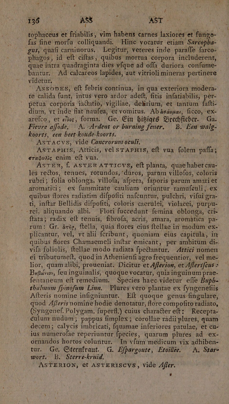 NEC OM TS NERO tophaceus et friabilis, vim hàbeni carnes laxiores et füngo- fas fine morfa colliquandi. Hinc vocatur etiam Sarcopba- gus quafi carniuorus, | Legitur, veteres inde paraífe farco- phagos , id eft ciftas,. quibas mortua corpora includerent, quae intra quadraginta dies vfque ad offa duriora confame- bantur. | Ad calcareos bh cv aut vitrioli mineras d ise videtur, - ' ASSODES, eft febris continua, in qua exteriora modera- te calida funt, intus vero ardor adeft, fitis infatiabilis, per- pétua corporis ia&amp;tatio, vigiliae, &amp;clirtum, et tantum fafti- dium, vt inde fiat naufea, et vornitus. Abeáopar, ficco, ex- arefco, et eec, forma. Ge. Cín bifíges Srecbfieber. Ga. Fievre affode. A. -Ardent or burning feter. — B. Een walg- Koorts, een beet-koude-koorts. ——. | ASTACVS, vide Cancrorum oculi. ASTAPHIS, Atticis, vel sSTAPHIS, eft vua folem pafl; eraduAiG enim . en vua. | CÀASTER, ÉOASTER ATTICVS, eft planta, quae habet cau- lés rectos, tenues, rotundos,'düros, param villofos, coloris rübri; folia oblonga, villofa, afpera, faporis parum amari t aromatic; ex fummitate caulium oriuntur ramufeuli ,. quibus flores radiatim difpofiti nafcuntur, pulchri, vifai g ph ti, inftar Bellidis difpofiti; coloris caerulei, violacei, purpu- rei aliquando albi. Flori fuccedunt femina oblonga, cri- ftata; radix eft tenuis, fibrofa, acris, atmnara, aromática pa- rum: Gr. àeje, ftella, quia flores eiüs ftellae ir modüm exe plicantur, vel, vt alii fcribunt, quoniam eius capitula, in quibus flóres Chamaemeli inftar emicant, per ambitum di-. vifa'foliolis, ftellae modo radiata fpecantur; Attici nomen ei tributumeft, quodin Athenienfi agro frequentior, vel me- lior, quam alibi, preueniat. Dicitur et Afferion, et Aflerifcus : : Begaviov, feu inguinalis, quoque vocatur, quia inguinum prae- fentaneum eft remedium. Species haec videtur effe Bupb- talium [pinofum Linn. Plures vero plantae ex fyngenefiüs Afteris nomine infigniuntur. Eít quoque genus'/fingulare, quod Zf/eris momine hodie denotatur, flore compofito radiato, (Syngenef. Polygam. fuperfl.) cuius chara&amp;er eft: Recepta- culum nudum; pappus fimplex ; corollae radii plures, quam decem; calycis imbricati, fquamae inferiores patulae, et cu- ius numerofae reperiuntur, fpecies, quarum plures ad ex- ornandos hortos coluntur. In vfam medicum vix do bre tur. Ge. Oternfraut. G. Efpaergoute, Etoilée. ^ A. Star» wort. B. Sterre-kruid. | | | ASTERION, et ASTERISCVS, vide Zffer. y