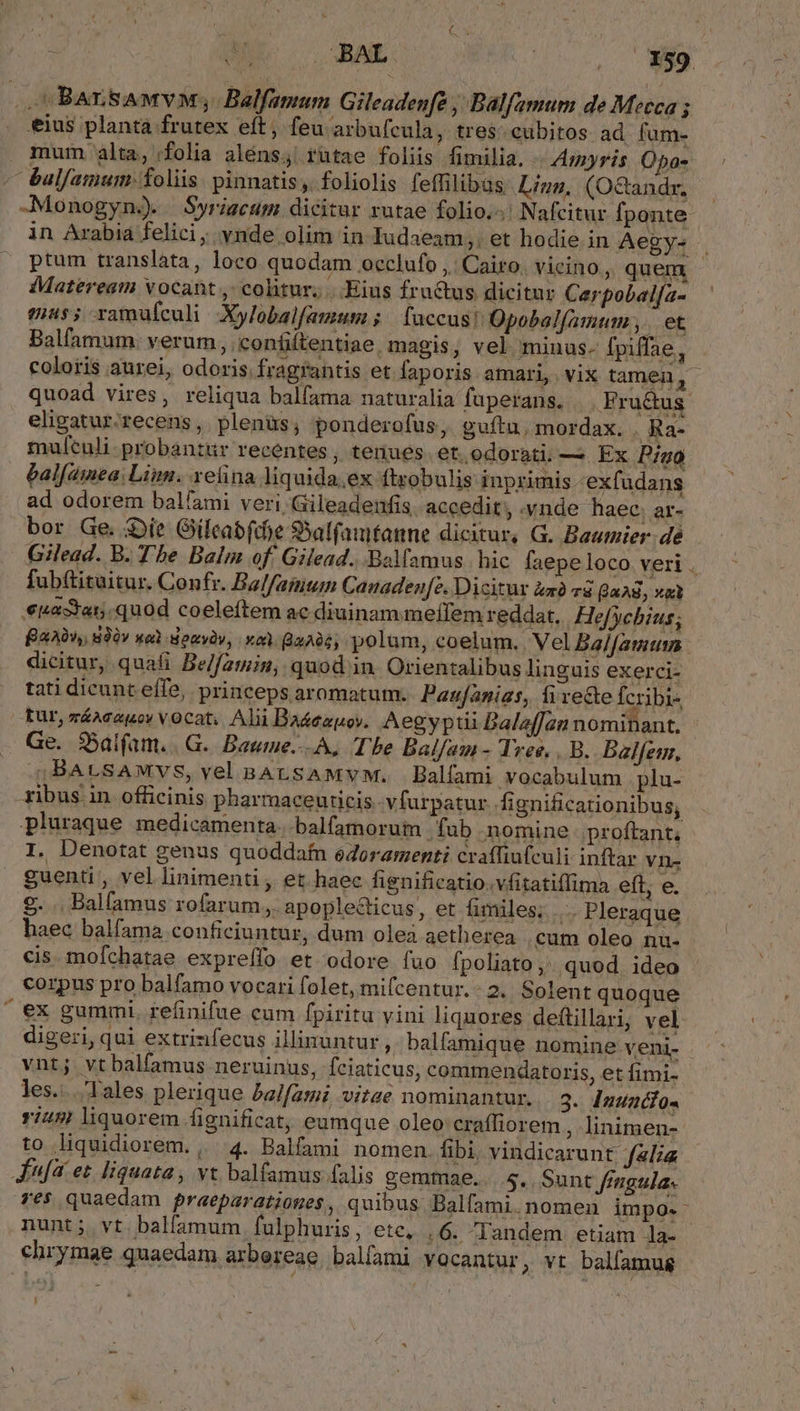 . ;BarnsawvM, Balfamum Gileadenfé , Balfamum de Mecca ; eius planta frutex eít, feu arbufcula, tres; cubitos ad fum- mum alta, folia alénsj rütae foliis fimilia. Amyris Opao- ^ &amp;ulfamum: foliis. pinnatis, foliolis feffilibas Linn, (O&amp;andr. -Monogyn). Syriacum dicitur rutae folio.-: Nafcitur fponte in Arabia felici; vnde olim in Iudaeam, et hodie in Aegys | ptum translata , loco. quodam occlufo ,. Cairo. vicino, quem Mateream vocant , colitur, ..Eius fructus dicitur Cerpobal[a- eus; ramufculi Xylobalfamum ; | faccus! Opobal[amum ,. et Balfamum. verum, confiftentiae, magis, vel minus. [piffae, coloris aurei, odoris. fragrantis et faporis amari. vix tamen, quoad vires, reliqua balfama naturalia fuperans. Fructus. eligatur.recens, plenüs, ponderofus, guítu, mordax. Ra- mufculi- probantur recentes , tenues et odorati; — Ex Pigà bal[amea: Liu. vefina liquida.ex ftrobulis inprimis -exfudans ad odorem balíami veri, Gileadenfis accedit, .vnde haec. ar- bor Ge. Die Gileabfce 9Saffamtanne dicitur, G. Baumier-dé Gilead. B. Tbe Balm of! Gilead. .BaMamus. hic faepe loco veri. fubftituitur. Confr. Bal/famum Canadenfe. Dicitur 4xà c8 Baag, xat uasa. quod coeleftem ac diuinam meffem reddat. Hefycbius; BaA3», d9à» xal donydv, vo (82494, polum, coelum. Vel Bal[amum dicitur, quafi Be//2min, quod in. Orientalibus linguis exerci- tati dicunt effe, princeps aromatum. Paufanias, fire&amp;e Ícribis Eur, váaceuoy vocat; Alii Bageapov. Aegyptii BalafJan nominant. Ge. :5alfam. | G.. Baume...A, Tbe Balfam- Tree, | B. balfem, 44 BALSAMVS, vel BALSAMVM. Balfami vocabulum | plu- ribus in officinis pharmaceuticis. vfurpatur fignificationibus; pluraque medicamenta...balfamorum fub nomine -proftant; I. Denotat genus quoddaf eZoramenti craffiufculi inftar Vn- guenti , vel linimenti , et haec fignificatio.vfitatiffima eft, e. . . Balfamus rofarum,. apoplecticus , et fimiles; ... Pleraque haec balfama conficiuntur, dum olea aetherea cum oleo nu- cis. mofchatae expreffo et odore fuo fpoliato, quod ideo corpus pro balfamo vocari folet, mifcentur. - 2. Solent quoque €x gummi. refinifue cum fpiritu vini liquores deftillari, vel digeri, qui extrinfecus illinuntur ,. balfamique nomine veni- vntj vtbalfamus neruinus, fciaticus, commendatoris, et fimi- les... Tales plerique bel[ami vitae nominantur. 3. dauadfo- rius liquorem fignificat; eumque oleo craffiorem , linimen- to liquidiorem., 4. Balfami nomen. fibi, vindicarunt falia Jinfa et liquata , vt balfamus falis gemmae....5.. Sunt ffugula- res quaedam praeparationes, quibus Balfami. nomen impo.- nunt; vt balfamum. falphuris, ete, .6. Tandem etiam la- chrymae quaedam arbereae balfami vocantur , Vt balfamug I