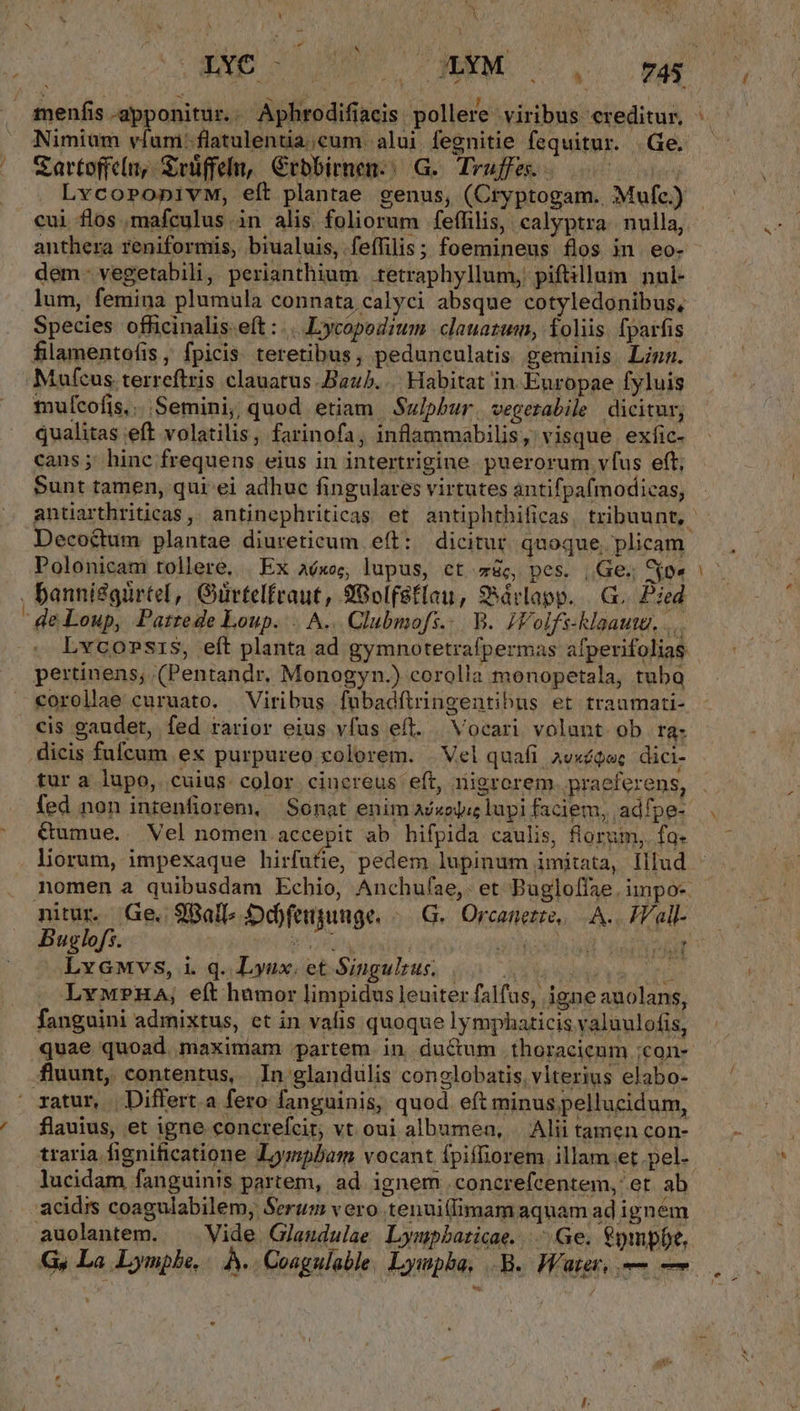 : * J : vald M wc d RUN , 4 v j^ i menfis .apponitur.. Aphrodifiaeis pollere viribus creditur. &amp;artoffcin,. Svüffelu, Crbbirnen:: G.. Truffes. T - cui flos mafculus in alis. foliorum feffilis, calyptra. nulla, anthera reniformis, biualuis, feffilis; foemineus flos in. eo- dem- vegetabili, perianthium .tetraphyllum, piftillum nul- lum, femina plumula connata calyci absque cotyledonibus, Species officinalis. eft : Lycopodium | clauatuim, foliis. fparfis filamentofis ; fpicis. teretibus, pedunculatis. geminis. Linn. Mufcus terreftris clauatus Baub... Habitat in. Europae fyluis mulcofis,.. .Semini, quod etiam Sulphur. vegezabile dicitur; qualitas eft volatilis, farinofa, inflammabilis, visque exíic- cans; hinc frequens eius in intertrigine. puerorum vfus eft; Sunt tamen, qui ei adhuc fingulares virtutes antifpafmodicas, Polonicam tollere, | Ex aóxo;, lupus, ct zc, pes. , Ge. *o« , banni&amp;gürtel, Gürtelfraut, 98olf8flau, 9Sárlapp. |. G.. Pied deLoup, Pattede Loup... A.. Clubmofs.. . B. IV oifs-klaautur, .... et pertinens; (Pentandr, Monogyn.) corolla monopetala, tuba corollae curuato. Viribus fubadflringentibus et traumati- cis gaudet, fed rarior eius vfus eft. . Vocari volant ob ra- dicis fufcum ex purpureo colorem. | Vel quafi. avséQoc dici- tur a lupo, cuius. color cinereus eft, nigrorem. praeferens, fed non inrenfiorem, | Sonat enim adxojis lupi faciem, adfpe- &amp;umue. Vel nomen accepit ab hifpida caulis, fiorum,. fo- liorum, impexaque hirfufie, pedem lupinum imitata, Illud Buglofs. | pis j Lvawvs, i. q. Lyax; et Singulzus, |... MONI M LvwPHA, eft hamor limpidus leuiter falfus, igne auolans, fanguini admixtus, et in vafis quoque lymphaticis valuulofis, nitur. Ge, 9Ball Dd)feugunge, «—-G. Orcanetze, A. TP'all- fluunt, contentus, In glandulis conglobatis. vlterius elabo- ' ratur, Differt a fero fanguinis, quod eft minus pellucidum, flauius, et igne concrefcit, vt oui albumen, — Alii tamen con- lucidam fanguinis partem, ad. ignem .concrefcentem, et ab acidis coagulabilem; Serum vero tenuillimam aquam ad ignem auolantem. | Vide Glaudulae Lympbaticae.. ^ Ge. $ympbe, Gs La Lymphe | Àj. Cosgulable. Lympba, .B. Water — — * gu. íi