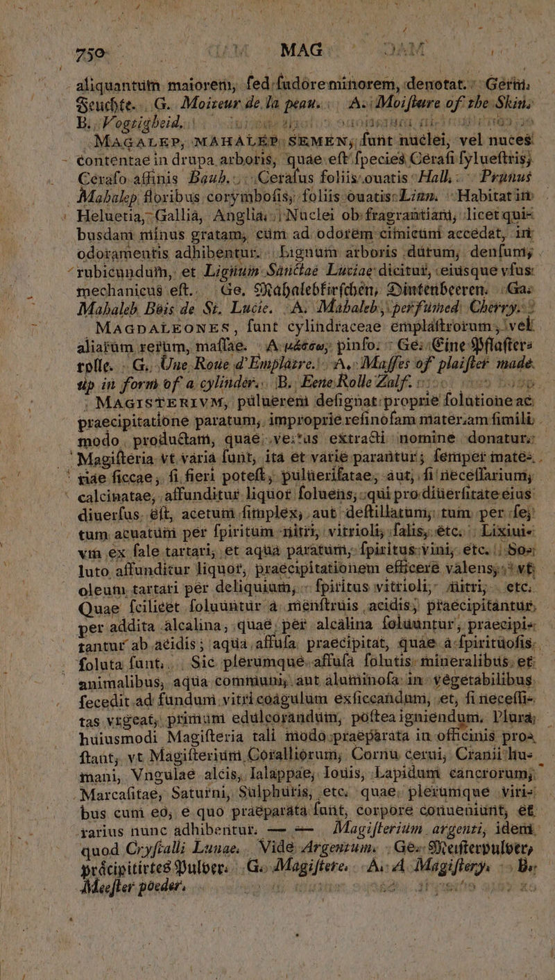 y co | GM OMAGU CO ÁGOONM per. ^ ^. aliquantuth. maiorem, fed.[udore minorem, denotat. : Gers c ! Seucbte...G. Moizeur de. la peau... A iMoiflare of tbe Skin; I jFegeidbeid, Ai uio aot: dp road tm MAGALEP, MAHALEP SEMEN; funt nuclei, vel nuces - éontentae in drupa arboris, quae: eft'fpecies Cérafi fylueftris; Cérafo.affinis Baub..; . Ceralus foliis.ouatis «Hall: Pranus . Mabalep, floribus: corymbofisy. foliis ouatiscLinp. 'Habitatitb ' Heluetia,- Gallià, Anglia;;|Nuclei ob: fragrantiam, licet qui- busdani niinus gratam, ctim ad odorem cifnictini accedat, iri odoramentis adhibentur... bigunum arboris .dürum, denfunt; . ^rubicundum,: et Ligium-Santtaé Luciae: dicitus, «eius que vfus: AME mechanicus eft... Ge. SXabalebfirfcben, Syimtenbeeren. |. Gaz : Mabaleb, Béis de Si. Lucie. A; Mabaleb per fumed: Cherny..: n MaGDALEONES, funt cylindraceae empldftrorum , | vel aliarüm rerum, maffae. | A &amp;&amp;e6wy pinfo; : Ge; Cine SMflaftere tolle... G. Üue Roue d'Emplazre. A. Maffei of plaifter. made. tip in form of a cylinder... B. Eene Rolle Zalf. 56.00 ose ; MAGISTERIVM, püluerenmi defignat: proprie folationeac: praecipitatióne paratum; improprie refinofam mater;am fimili, . modo. productam, quáé..ve:;tus extracli nomine donatur; . Magifteria vt variá funt, ita ét vatie parantur; femper mates. . ' side ficcae . fi fieri poteft, pulüerifatae; aut; fi rieceffarium; - calcinatae;.affunditur liquot foluens; ;qui prodiüerfitateeius: diuerfus. éít, acetuni fimplex, aut deftillatum; tum per /fej tum acuatüi per fpiritum mitry vitrioli; falis, étc; | Lixiuie via ex fale tartari; et aqua paratum, fpiritus:vini etc. ||.» luto affunditur liquor, praecipitationem efficere valensyj5v&amp; — oleum. tartati per deliquium, .« fpiritus vwitriolij iiri; . etc. Quae fcilicet foluüntur a. sienftrüis acidis, praecipitanturs per addita alcalina; quae; per. alcalina. foluuntur, praeeipi« tantur ab aeidis; aqua.affufa. praecipitat, quàáe a-fpirituofis.. foluta fant,... Sie plerumque. affufa folutis- miueralibtis. e£ |. enimalibus, aqua commiun ant aluminofa: 1n végetabilibus. fecedit.ad fündum vitri coágulum exficcatdum, et, fi neceffi- tas vigeat, primum eduleorandum, poíteaigniendum, Plura; - huiusmodi Magifteria tali modo:;praeparata in officinis pros ftant, vt Magifterium, Coralliorum; Cornu cerui; Cranii Hus mani, Vngulae alcis, Ialappae; Iouis, .:Lapidumi cáncrorumy Marcafitaé, Saturni, Sulphuris, ete, quae; plerumque viri« bus cum eó, e quo praeparata furit, corpore coriueniurit, e£ .garius nunc adhibentur. — -— — Magifterium argenti, idemd. quod Cryfralli Lunae, .. Vide Argenzum. | Ge« Sjeifterpuloer, prácipitirtes SDulbper: G.- ;Magiftere, A Magifleny, Be — AMee[ler pocder. vio: XI uatrar, ouegta Poele aye xo OHUOOIIE HEEL FEleo (03 HT0QD 9200