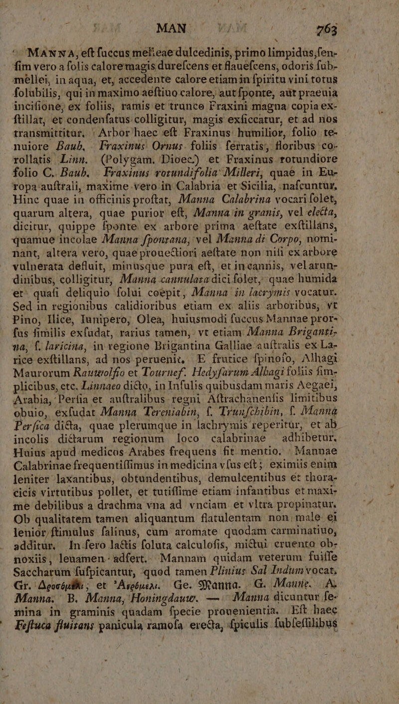 MAN; SO VAM Cj ' Ag * ^^ MANNA, eft fuccus melieae dulcedinis, primo limpidus;fen- fim vero a folis caloremagis durefcens et flauefcens, odoris fub- mellei, in aqua, et, accedente calore etiamin fpiritu vini totus folubilis, qui in maximo aeftiuo calore, aut fponte, aüt praeuia incifione, ex foliis, ramis et trunce Fraxini magna copia ex- ftillat; et condenfatus colligitur, magis exficcatur, et ad nos transmittitar, ' Arbor haec eft Fraxinus: humilior, folio te- . nuiore Baub. | Praxinus. Ornus. foliis. férvatis, floribus co- rollatis L;z». (Polysam. Dioec) et Fraxinus rotundiore folio C. Baub. | Fraxinus votundifolia: Milleri, quaé in Eu- ropa 'auftrali, maxime vero in Calabria et Sicilia, nafcuntur, Hinc quae in officinis proftat, Manna. Calabrina vocari folet, quarum altera, quae purior eft, Manna in granis, vel electa, dicitur, quippe fponte ex arbore prima aeftate exftillans, quamue incolae Maana fponzana, vel Mauna di. Corpo, nomi- nànt, altera vero, quae proue&amp;iori ae(tate non nili ex arbore vulnerata defluit, minusque pura eft, et incannis, velarun- dinibus, colligitur, Manna cannulaza dici folet, quae humida et: quali deliquio folui coepit, Manna in lacrymis vocatur. Sed in regionibus calidioribus etiam ex aliis arboribus, vt Pino, Ilice, Iunipero, Olea, huiusmodi fuccus Mannae pror- fas fimilis exfudat, rarius tamen, vt etiam: 7Mannza Briganti- a, C. laricita, in vegione Brigantina Galliae auítralis ex La- rice exftillans, ad nos peruenit, E frutice fpinoro, Alhagi Maurorum Rauttrolfio et Tournef.. Hedyfarum Albagi folis fim- plicibus, ete. Liuaaeo dicto, in Infulis quibusdam maris Aegael, Arabia, Períia et auftralibus regni Aftrachanenfis limitibus obuio, exfudat Manna Tereniabin, f. Trunfchibin, C. Manna Períica di&amp;a, quae plerumque in lachrymis reperitur, et ab. incolis dictarum regionum loco calabrinae — adhibetur. Huius apüd medicos. Arabes frequens fit mentio. : Mannae Calabrinae frequentiífimus in medicina vfus eft; eximiis enim leniter laxantibus, obtundentibus, demulcentübus ét thora- cicis virtutibus pollet, et tutiffime etiam infantibus et maxi- me debilibus a drachma vna ad. vnciam et vltra propinatur., Ob qualitatem tamen aliquantum flatulentam non.male ei lenior, ftimülus falinus, cam aromate quodam carminatiuo, additur. In.fero la&amp;is foluta calculofis, mictui cruenta ob- noxiis, lenamen. adfert. Mannam quidam veterum fuiffe Saccharum fufpicantur, quod tamen P/iuiur Sal Indum vocat, Gr. AeocépB ; et Asoéne.. Ge. SRanna. /G.. Maie... A. Manna; ' B. Manna, Honingdauw. —: Mauna dicantur fe- mina in graminis quadam fpecie prouenientia, Eft haec ^O Eoftuca fluitans panicula ramofa. erecta, fpiculis. fubfefülibus |
