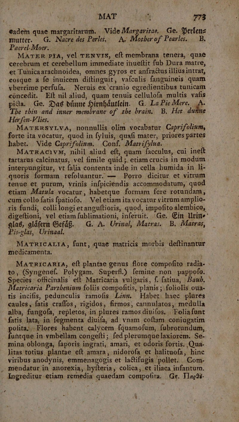 MAT M 778 eadem quae margaritarur. Vide Margaritae... Ge. 9Berfenz Paerel-Mocr. cerebrum et cerebellum immediate ihueftit fub Dura matre, et Tunicaarachnoidea, omnes gyros et anfractus illius intrat, eosque à fe inuicem diftinguit , valculis fanguineis quam. concedit. Eft nil aliud, quam tenuis cellulofa multis vafis pida. Ge. Qa ernue Dirnbdutlein. | G. La Pie Mere. A The zbin and iumer membrane 2f &amp;he brain. B. Her. du Heérfen-V lies. MATERSYLVA, nonnullis olim socis Caprifolium, forte ita vocatur, quod in fyluis, quafi mater, priores partes habet. | Vide Caprifoliwm. Conf. Mazrifylua. MaATRAcCi1VM, nihil aliud. eft, quam facculus, cui ineft tartarus calcinatus, vel fimile quid ;. etiam crucis in modum interpungitur, vt falia contenta inde in cella humida in li- quoris formam refoluantur. — Porro dicitur et vitrum tenue et purum, vrinis infpiciendis accommodatum, quod etiam Mazula. vocatur , habetque formam fere rotundam, cum collo fatis fpatiofo.. Vel etiam ita vocatur vitrum amplio- ris fundi, colli longi etanguftioris, quod, impofito alembico, digeflioni, vel etiam fublimationi, inferuit. /Ge. Cin llrine' «la8, aláfern Gefáf. G. it Uvinal, Matras. B. Matras, Pis-elas, Ur inaal. | ! MATRICALIA, funt, Re matricis morbis deftinantur medicamenta. ! to, (Syngenef. Polygam. Superfl) femine non pappofo. Species: officinalis. eft Matricaria vulgaris, f. fatiua, | Bau. Matricaria Partbenium foliis compofítis, planis ; foliolis oua- tis incifis, pedunculis ramofis L;zs. Habet. haec plures caules, fatis craffos, rigidos, firmos, cannulatos, medulla alba, fangofa, repletos, in plures ramos diuifos. . Folia funt polita; Flores habent calycem fquamofum, fubrotundum, litas totius. plantae eft amara, nidorofa et halituofa , hinc viribus anodynis, emmenagogis et la&amp;ifugis pollet. Com- , mendatur in anorexia, hyíteria, colica, et iliaca infantum. . Angreditur etiam remedia quaedam eomqpetum. Ge. Tlag3é-