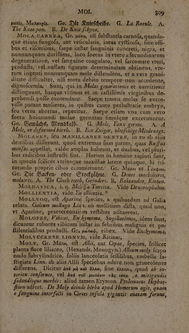 , ^ &amp;  MOL UNS $09 — uox, Muaexels. Ge; Se Sniefd)eibe. | G,. La Rorule. A. Tbe Kurepam; B. De Kaigfebyve; 5. ue Mo LA,CARNEA, Gr. uóaw, cít fubftantia carnofa, quando- que etiat fungofa, aut veficularis, intus cyfticofa, fine offi- bus et vifceribus,: faepe inftar fanguinis concreti, nigra, . et nonnunquam duriffima, loco foetus in vtero a fecundinarum degeneratione, vel fanguine coagulato, vel farcomate vteri, producta, vel nullam figuram. determinatam obtinens, vte- rum ingenti nonnunquam mole diftendéns, et a vera graui- ditate difzculter, nifi niotu debito tempore-non. accedente, dignofcenda, / Sunt, qui in Mola; geuerarionis et nurrizionis diftinguunt, hasque vltimas et, in. caftiffimis virginibus 'de- prehendi poffe contendunt... Saepe tamen molas fe excre- ville putant mulieres, in quibus caute perluftratis. embryo, feu verus abortus, reperitur. Saepe etiam vna cum vero foetu huiusmodi molae geruntur fimulque excernuntur. Ge. Getoád)s, 9Yenbfalé. — G. Mole, Faux germe, — A. 4 Mole, or deformed birzb. |. B... Eeu Zuiger, vleefchige Misdraagz. MoLA&amp;«ES, feu MAXILLARES DENTES, in eo ab aliis deniibus diflerunt, quod extremas fuas partes, quas Rufus zenfas appellat, valde amplas habeant, et duabus, vel pluri- bus radicibus inftru&amp;i fint... Horum in homine viginti funt, in quouis fcilicet vtriusque maxillae latere quinque, hi tri- turando proprie cibos comminuunt. Gr... Máao, et Tósquo.. Ge. 3»ie 33adfenz ober Ctodgábne. G. Denzs anachbelieres, molaires. A. Ebe. Check zeetb, Grinders. B, Balaauden, Kiezen. — MorzaAvicaA, i. q. Muiffa Turcica. .Nide Dracocepbalon. Y - Morrvao, e(t Aparime fpecies, a. quibasdam ad Galia relata. Galium mollugo Lig. ob molitiem dicta, quod non, vt Aparine, ERE veftibus adhaereat. TU TAI Mororzs, Pibices, En;bymoma, Sugilletiones, idem funt, dicuntur rubores vibicum inftar in febribus malignis et pe: ftilentialibus produ&amp;ti, Gr, uu^ey, vibex. Vide Exchymoma. MorvcckNSE LiGNVvM, vide Riciuus SAP PNG Mor, Gr. Má»e, eft Allii, aut. Cepae, fpecies, fcilicet planta flore liliaceo, (Hexandr. Monogyn.) Allium moly (capo nudo fubcylindrico, foliis lanceolatis feffilibus, vmbella. fa- ftigiata. Linn. ab aliis Allii fpeciebus odore non graueolente differens. , Dicitur àzà 3 xa) Üaw, fiue daavp: quod ab iu- zeritu conferuer, vel Am oU MuMiem cÀg véé. ,a. mitigandis Jedandisque morbis: aliud tamen Etymon. Pzolemaeus Hepbae- jFion adtert. .. De Moly deiude bérba apud Homerum agit, quam e fanguine itmerfecti in. Cirees infula. gigauzis. enazam feranz, -