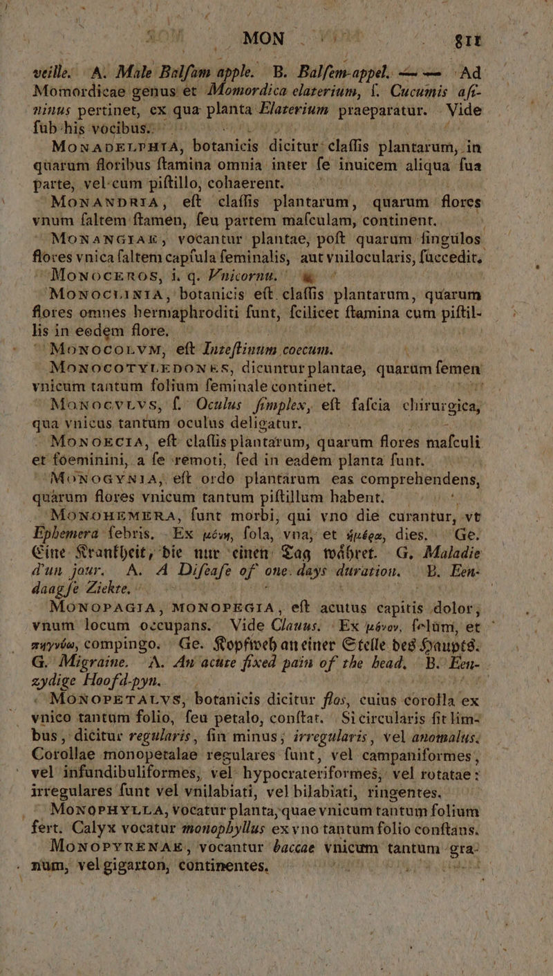 ET i LN MON CHAMERME ia gr veille; A. Male. Balfam apple. B. Balfem-appel. —— Ad Momordicae genus et. 7Momordica elaterium, 1. Cucumis. afc- linus pertinet, ex ugue prede Elarerium praeparatur. /Nide fub:his vocibus; zr | Mound maia; botanicis dicituz: claffis SH p in quarum floribus flamina omnia inter fe inuicem aliqua fua parte, vel-cum piftillo, cohaerent. | MoNwANDRIA, eft claífis plantarum , quarum flores vnum faltem. ftamen, feu partem mafculam, continent. . MOoNANGIAX; vocantur plantae, poft quarum fingulos -— es vnica faltem capfula feminalis, aut vnilocularis, füccedit, MowocEknos, i. q. nicrnu w - MoNOCIANIA , botanicis e(t claffis plantarum, quarum flores omnes hermaphroditi funt, fcilicet ftamina cum piftil- lis in eedem flore. - MowocorvM, eft Iuzeftiuum . COECUM. - ; MOoNOCOTYLEDONKES, dicuntur plantae, quartim femen vnicum tantum folium fethiuale continet. MoNocvrvs, f. Oculus fimplex, eft fafcia ehirurgicn, qua vnicus tantum oculus deligatur. MoNOECIA, eft claf(lis plantar üm, quarum flores iau et foeminini, a fe remoti, fed in eadém planta funt. | MoNOGYNIA,. eft ordo plantarum eas comprehendens, quarum flores vnicum tantum piftillum habent. —— JMONOHEMERA, funt morbi, qui vno die curantur, vt Ephemera febris. Ex t6 uM, fola, vnay et $uéez, dies. Ge. Cine. S'ranfbeit, bie nur einen: Sag toábret. | G,. Maladie d'un jour. A. 4 Difeafe q.i otie. days. duratiou. E. Een- daagfe Ziekte, ^. — MONOPAGIA, MONOPEGIA, eft acutus capitis .dolor; vnum locum o:cupans. Vide Clauus. Ex Iévov, felüm, et z4yvó», compingo. | Ge. Stopfiveb aneiner Cfe(le beg fyaupté. G. Migraine, A. An acuze fixed pain of the bead. B. ipis | zydise Hoof4-pyn. [ MouNoPETALVvS, botanicis dicitur f/os, cuius usd ex vnico tantum folio, feu petalo, conftat. | Si circularis fit lim- bus , dicitur regularis , fin minus; irregularis, vel anomalus. Corollae monopetalae regulares funt, vel campaniformes , vel infundibuliformes, vel: hypocraterifor mes; vel rotatae : irregulares funt vel vnilabiati, v el bilabiati, ringentes. . ^ MoNOPHYLLA, vocatur planta;quae vnicum tantum folium fert. Calyx vocatur mouopbyllus ex vno tantum folio conftaus. MowoPYRENAE, vocantur jaccae vnicum tantum: pne . num, velgigarton, continentes, FORMAT LUN vele ME