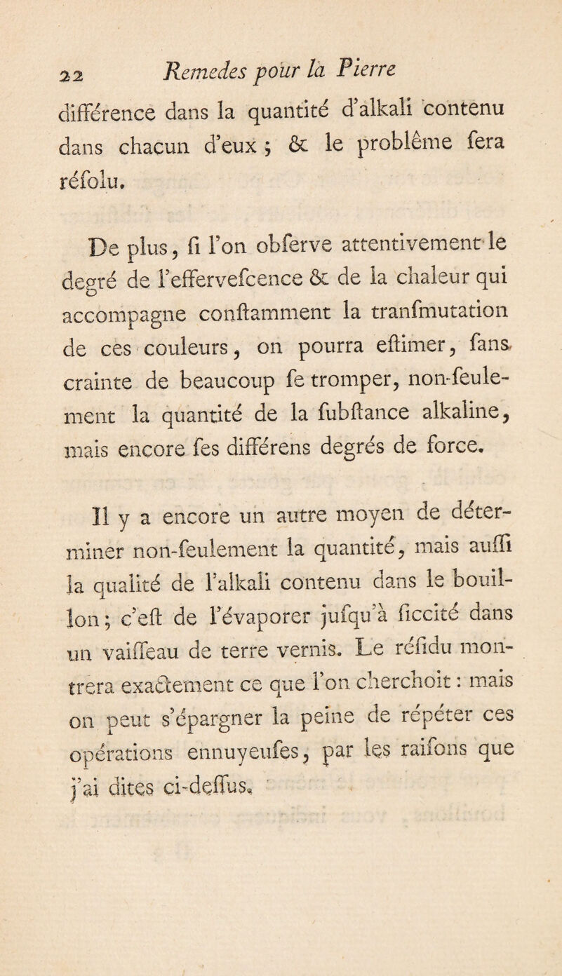 différence dans la quantité d alkali contenu dans chacun d’eux ; & le problème fera réfolu. De plus 5 fi l’on obferve attentivement le degré de l’effervefcence & de la chaleur qui accompagne conftamment la tranfmutation de ces couleurs, on pourra eftimer, fans, crainte de beaucoup fe tromper, non-feule¬ ment la quantité de la fubftance alkaline, mais encore fes différons degrés de force. Il y a encore un autre moyen de déter¬ miner non-feulement la quantité, mais aufïi la qualité de f alkali contenu dans le bouil¬ lon; çeft de l’évaporer jufqu'à ficcité dans un vaiffeau de terre vernis. Le réfidu mon¬ trera exactement ce que l’on clierchoit : mais on peut s’épargner la peine de répéter ces opérations ennuyeufes, par les raifons que j’ai dites ci-deffus.