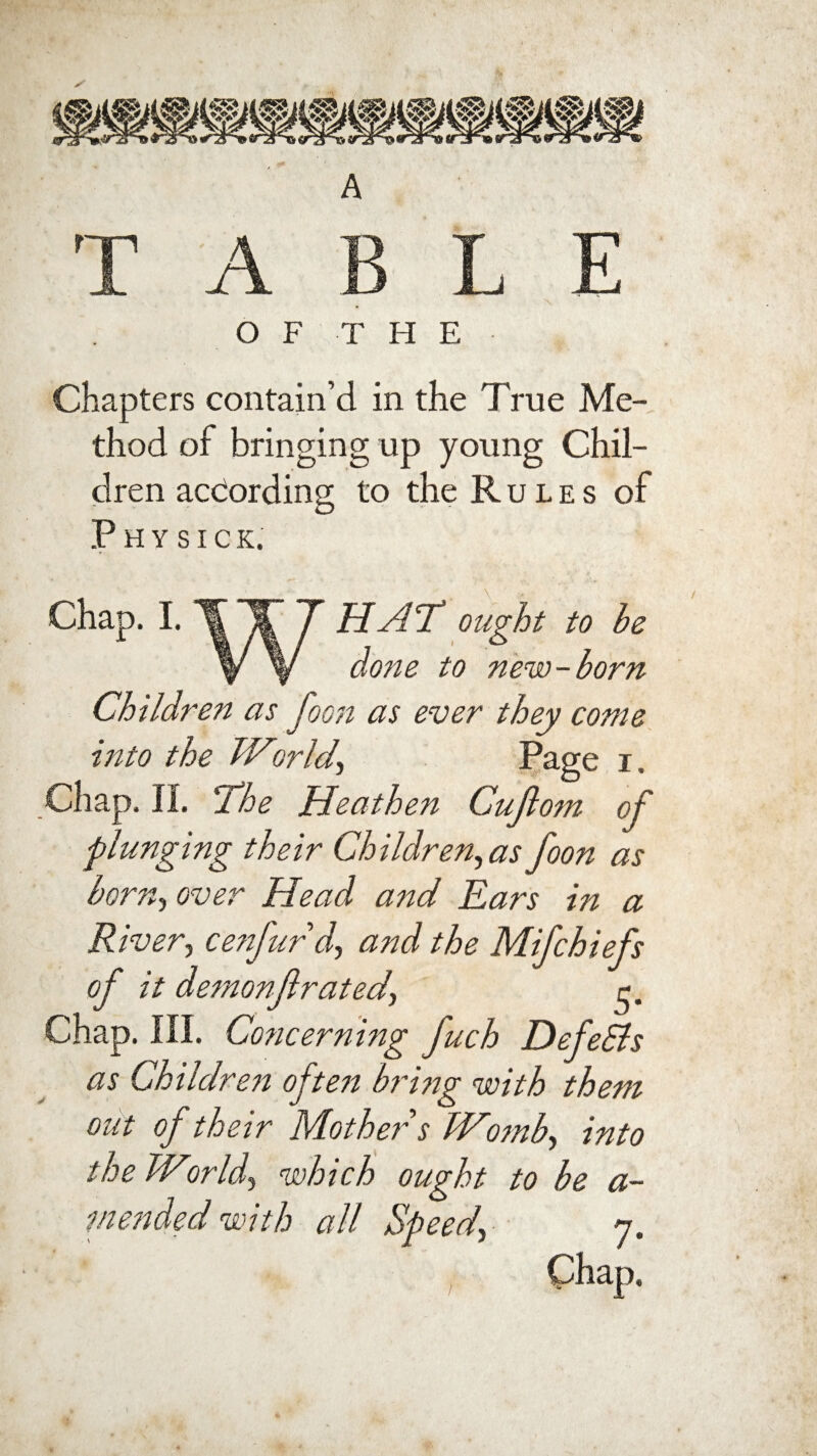 Chapters contain’d in the True Me¬ thod of bringing up young Chil¬ dren according to the Rules of P H Y S I C K. ______ ^_ \ Chap. 1.1[ IT T HAT ought to he Y y done to new-born Children as Joon as ever they come into the Wtor Id, Page i. Chap. II. The Heathen Cujlom of ■plunging their Children,as foon as horn, over Head and Ears in a River, cenfurd, and the Mifchiefs of it demonjlrated, c. Chap. III. Concerning fuch Defe&s as Childre7i often bring with them out of their Mother s Womb, into the Wor Id, which ought to be a- mended with all Speed,