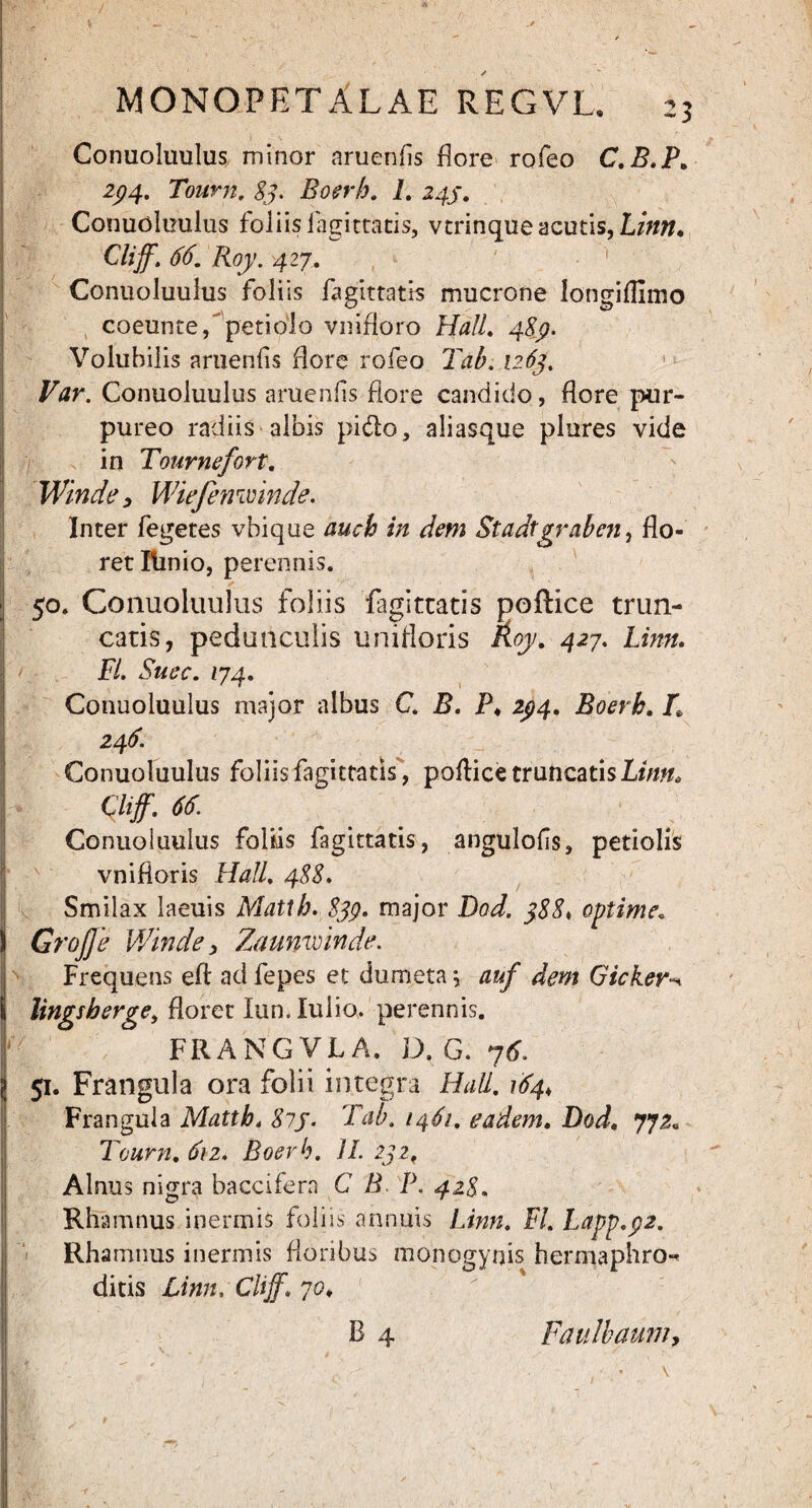 Conuoluulus minor aruenfis flore rofeo C. B.P. 234. Tourn. $3. Boerh. L 243. Conuoluulus foliisfagittacis, vtrinque acutis, Linn. ' Cliff\ 66. Roy. 427. • f Conuoluulus foliis fagittatis mucrone longiffimo coeunte,’petiolo vnifioro Hali. 48\g. Volubilis aruenfis flore rofeo Tab. 1263. Var. Conuoluulus aruenfis flore candido, flore pur¬ pureo radiis albis pido, aliasque plures vide x in Tournefort. Winde3 Wiefemmnde. Inter fegetes vbique aucb in dem Staatgraben, flo¬ ret Itinio, perennis. 50. Conuoluulus foliis fagittatis poftice trun¬ catis, pedunculis unifloris Roy. 427. Linn* | FL Suec. 174. Conuoluulus major albus C. B. P. 234. Boerh. L 246. Conuoluulus foliis fagittatis, pollice truncatis Linn. I Cliff, 66 Conuoluulus foliis fagittatis, angulofls, petiolis vnifloris Hali. 488. Smilax laeuis Matth. 833. major Dod. 388♦ optime. ) GroJJe Winde, Zaunvoinde. Frequens eft ad fepes et dumeta\ auf dem Gicker^ 1 lingsherge, floret lun. Iui io. perennis. j FRANGVLA. D. G. 76, i 51. Frangula ora folii integra Hali. 164♦ Frangula Matth. 813. Tab. 1461. eadem. Dod. 772. Tourn. 612. Boerh. i/. 232f Alnus nigra baccifern C B 1\ 428. Rhamnus inermis foliis annuis Linn. FL Lapp.32. Rhamnus inermis floribus monogynis hermaphro¬ ditis Linn, Cliff, 70. I h-% \ ^ ' ' t B 4 Faulbamiiy