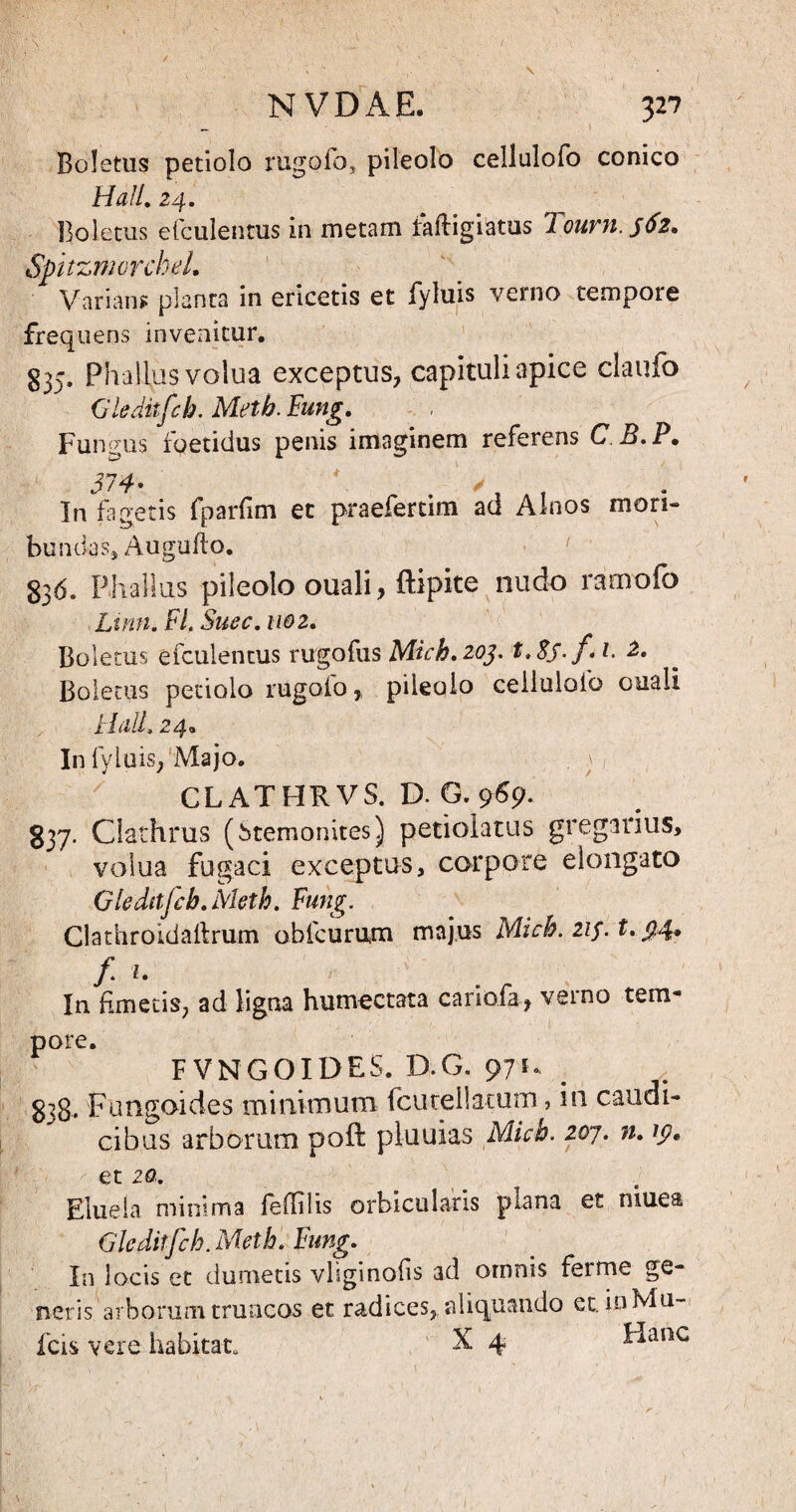 Boletus petiolo rugofo, pileolo cellulofo conico Hali. 24. Boletus efculentus in metam iafligiatus Toum. jdz. Spitzmorchel. Varians; planta in ericetis et fyluis verno tempore frequens invenitur. S35. Phallus volua exceptus, capituli apice claufo Gleditfch. Metb. Fung. Fungus foetidus penis imaginem referens C B.P. 374- f .-'v In fageris fparfim et praefertim ad Alnos mori¬ bundas, Augufto. 1 836. Phallus pileolo ouali, ftipite nudo ramofo Linn. FL Suec. 1102. Boletus efculentus rugofus Mich. 203. t.Sj-f- 1. 2. Boletus petiolo rugoio, pileolo cellulofo ouali Hali. 24* In fyluis, Majo. a , CLATHRVS. D. G. 969. 837. Clathrus (btemonites) petiolatus gregarius, volua fugaci exceptus, corpore elongato Gleditfch. Meth. Fung. Clathroidallrum obfcurum majus Mich. 21 f. t. $4. f l- In fimetis, ad ligna humectata cariofa, verno tem¬ pore. FVNGOIDES. D.G. 971. 838. Fungoides -minimum fcurellatum, in caudi¬ cibus arborum poft pluuias Mich. 207. n. 19* et 2Q. gluela minima feffilis orbicularis plana et niuea Gleditfch. Meth. Fung. In locis et dumetis vliginofis ad omnis ferme ge¬ neris arborum truncos et radices, aliquando et. in Ma¬ leis vere habitat. X 4 Hanc