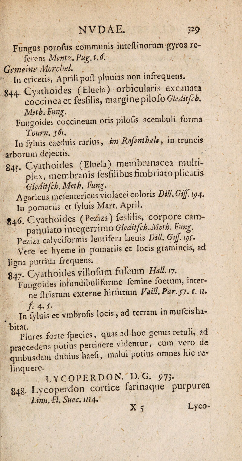 , . 1 / 1 _ ' Fungus porofus communis incefiitiorum gyros re¬ ferens Mentz.Pug.t.ti. Genuine Morchel. In ericetis, Aprili poft pluuias non infrequens. 844 Cyathoides (Eluela) orbicularis excauata coccinea et fesfilis, margine p\Mo GUirfcb. Meth. Fung. Fungoides coccineum oris piiofis acetabuli forma Tourn. 561. In fyluis caeduis rarius, im Rofentbale, in truncis arborum dejectis. g4y. Cyathoides (Eluela) membranacea multi- ’ plex, membranis fesfilibus fimbriato plicatis Gleditfch. Meth. Fung. Auaricus meientericus violacei coloris Dill.Gijj.1p4. In pomariis et fyluis Mart. Apnl. U6. Cyathoides (Pezjza) fesfilis, corpore cam- panulato integerrimo Gleditfch.Meth. Fung. Peziza calyciformis lentifera laeuis DHL Gtjf.ipf. Vere et hyeme in pomariis et locis gramineis, ad ligna putrida frequens. S47* Cyathoides villofum fufcum Hali, /7. Fungoides iniundibuliforme femine foetum, inter¬ ne (friatum externe hirfutum Vaill.Par.jy. 1.11• In fyluis et vmbrofis locis, ad terram inmufcisha- Plures forte fpecies, quas ad hoc genus retuli, ad praecedens potius pertinere videntur, cum vero de quibusdam dubius haefi, malui potius omnes hic re¬ linquere. LYCOPERDON. D.G. 973. 848- Lycoperdon cortice farinaque puipurea Linn. FI. Suec. 1114. X 5 Lyco-