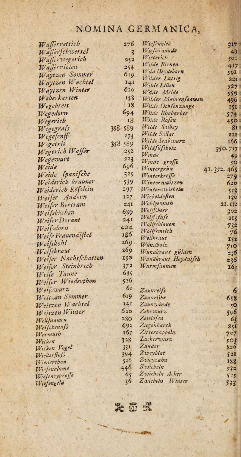 t ' K Wajjerretticb Wajfirf‘cbivertel Wd[Jt rix> egeri cb Wajftrvioien Waytzen Sommer Waytzen W&cbtel JVaytzen Winter Weberkarten Wegebreit Wegedorn iVegericb Wegegrafs W egefenjf Wfegetrit Wegericb WaJJer Wegeivart Weide Weide fpamfcloe Weiderich br anner Weidericb Rofslein IV ei fer Andorn Weifer Bertram W eifsb lichen Weifer Durant JVeifdorn Weife hrauendifid Weifskobi Weifskraut Weifer Nacbtfcbatten Weifer Steinbrecb Weife Tanne Weifer Wiederthon Weifyvjurz Weitzsn Sommer Weitzen Waehtel Weitzen W inter WeUfaamen JVei/cbenufs Wermuth Wicken Wicken Vogel Wiederftofs Wiederthon Wtejenclume Wiejencyprejfe Wiefengila 276 3 253 254 619 141 620 358 iS§ 18 694 18 589 27I 358 589 252 225 696 325 539 297 127 241 689 241 4°4 269 Wiefenklee Wie/en winde Wietericb Wilde Birnen Wild Heydekom Wilder Lattig Wilde Lilien Wilde Ale/de Wilder Mtbrenfaamen Wilde Ockfenzunge Wilde Rbxbarber Wilde Rojen. Wi/de Salbey Wilde Sallat Wilde Stabwurz Wild/iifsbolz Winde Winde groffe Wtntergrvn Winterkrejje W infertu ai ize^e Winterzwiebeln Wirbeldoften Woblgentuth Wolffsbeer Wolfsfufs I Vojffsklauett Woljfsmilch WaUkraut Wmdholz 317 ■s 269 Wundkraut giilden 1)0 WunUkrtiut Heydnifcb 372 635 526 Witrmfaamen 61 Zaunreifs 619 Zaunrxlbe 141 Zaunivinde 620 Zebrwitrz 280 Zeitlo/en 692 Ziegenbarth 16.) Zitt erp appeln 328 Z ucherwurz 331 Zunder 394 Zweyblat 526 Zweyzabn 446 Zwtebeln 65 Zwiebeln Acker 36 Zvjiebeln Win ter 491. 500 4*7>j 591 22t\i 527 H 559 U 496 151 574 450 81 221 166 3)0- 717 49 50 4I.3JT2. 469 279 620 53? 150 21. 1^2 302 115 732 76 152 . 7*0 2 36 2\6 163 6 658 50 59 6 0 851 7°7 5°3 826 521 188 5?3 5-5 53? »i» -i i