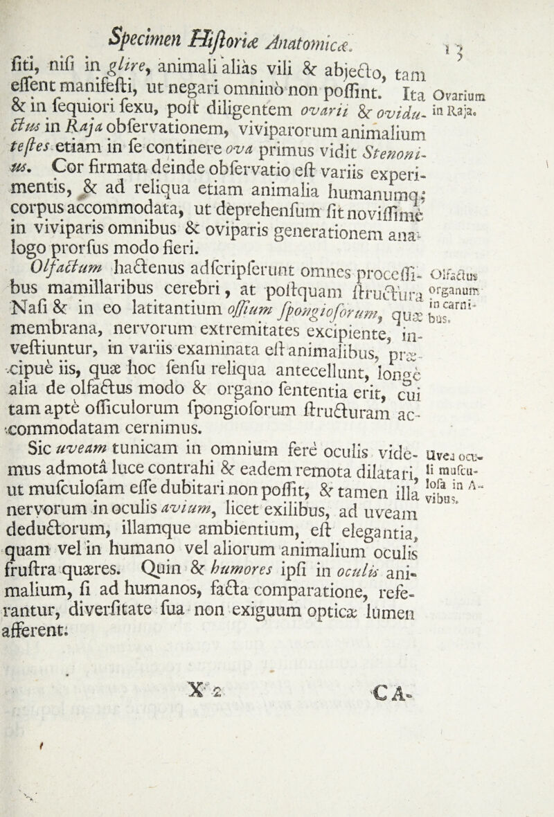\ y s y Ovarium Specimen HifiorU Anatomica. fiti» nifi in glire, animali alias vili & abjecto» tam effent manifefti, ut negari omnino non poffint,* lta &: in iequiori fexu, poit diligentem ovarii &■ ovidu- ‘n Raia Bti-s in Raja obfervationem, viviparorum animalior tepes etiam in fe continere primus vidit SZ m» Cor firmata deinde obfervatio e fi variis experi¬ mentis, &. ad lefiqua etiam animalia hunianuniQ- corpus accommodata, ut deprehenfum fit noviffiml- in viviparis omnibus & oviparis generationem ana; logo pror fus modo fieri. Olfactum hactenus adfcripierant omnes proce ili¬ bus mamillaribus cerebri, at poitquam firuetura Nafi &: in eo latitantium ojjium fpongioforum qUI> membrana, nervorum extremitates excipiente in' veftiuntur, in variis examinata efi animalibus. pra: •cipue iis, quae hoc fenfu reliqua antecellunt, lonob alia de olfaftus modo &: organo fententia erit» cui tam apte ofiiculorum fpongioferum ftruduram ac- •commodatam cernimus. Olfaftus organum in carni¬ bus. Sic uvearn^ tunicam in omnium fere oculis vide- \ivc: mus admota luce contrahi 8c eadem remota dilatari n raafai- ut mufculofam effe dubitari non poffit, St tamen illa ^„in A nervorum in oculis avium, licet exilibus, ad uveam ^ dedu&orum, illamque ambientium, eft elegantia» ■quam vel in humano vel aliorum animalium oculis fruftra quaeres. Quin 8t humores ipfi in oculis ani¬ malium, fi ad humanos, fafta comparatione, refe¬ rantur, diverfitate fua non exiguum opticae lumen afferent: