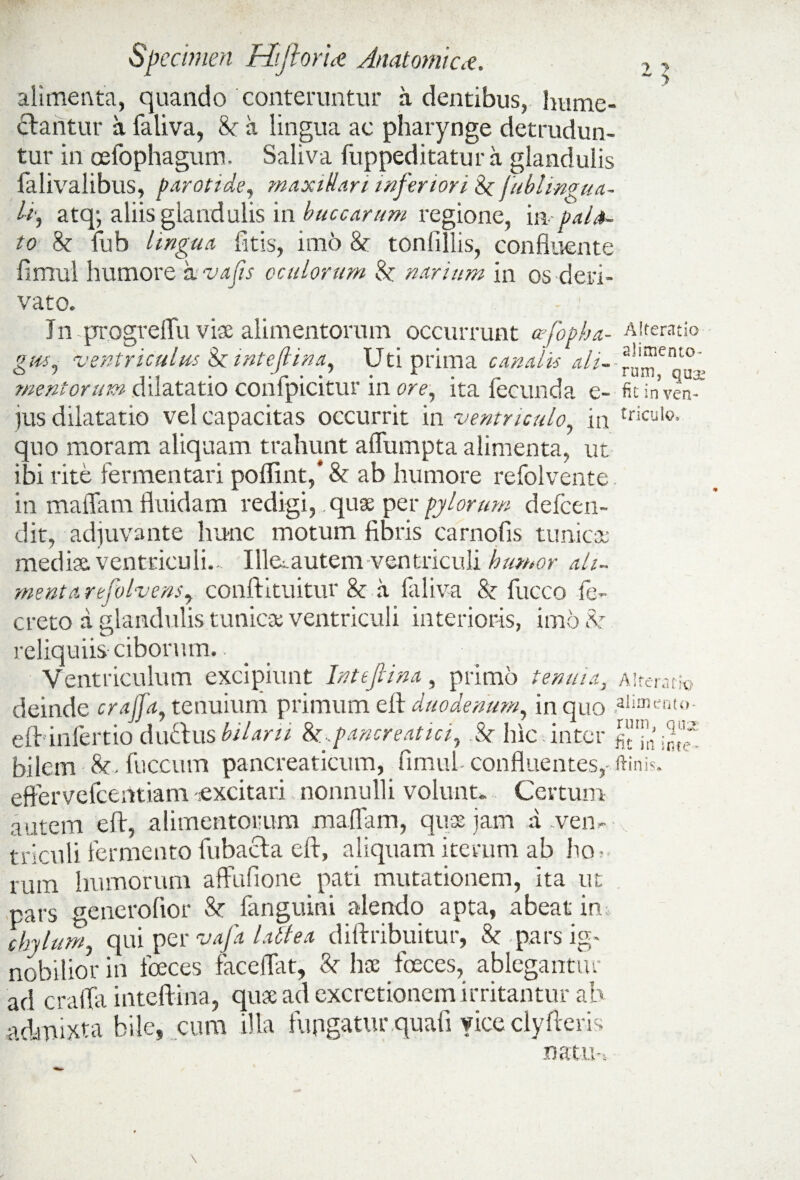 alimenta, quando conteruntur a dentibus, hume- dantur a faliva, 8t a lingua ac pharynge detrudun¬ tur in oefophagum. Saliva fuppeditatur a glandulis falivalibus, parotide, maxillari inferiori 8t jubhngua- atq; aliis glandulis in buccarum regione, m pala¬ to & fub lingua litis, imo & tonfillis, confluente fimul humore kvafis oculorum & narium in os deri- . Uw vato. Jn progreffu viae alimentorum occurrunt afopha- Aiterado gus. ventriculus Sc intefiina, Uti prima canalis ah~-V'f'ni°' mentorum dilatatio compicitur in ore, ita fecunda e» fitinven- jus dilatatio vel capacitas occurrit in ventriculo, in tricul°- quo moram aliquam trahunt affumpta alimenta, ut ibi rite fermentari poflint,*& ab humore refolvente in malTam fluidam redigi, .quae per pylorum defcen- dit, adjuvante hunc motum fibris carnofis tunic mediae, ventriculi.. Ille^autem ventriculi humor ah- mentarefolvenSy conftituitur & a faliva h fucco le- creto a glandulis tunicae ventriculi interioris, imo V reliquiis ciborum. Ventriculum excipiunt Intejlina, primo tenuia, deinde craffa, tenuium primum e ii duodenum, in quo eftinfertio dudus bilaru &,pancreatici, & hic inter bilem fuccum pancreaticum, fimul- confluentes, ftinis. effervefcentiam -excitari nonnulli volunt. Certum autem eft, alimentorum malTam, quae jam a ven- triculi fermento fubacta eft, aliquam iterum ab ho- rum humorum afFufione pati mutationem, ita u pars generofior &: fanguini alendo apta, abeat in chylum, qui per vafa lati e a diftribuitur, & .pars ig¬ nobilior in foeces faceflat, <k hae foeces, ablegantur ad craiTa inteftina, quae ad excretionem irritantur ai admixta bile, cum illa fupgatur quafi fice clyfteris natu- ■Aiterarfe alimento rum, qq; fit in ime i v ! i- L \