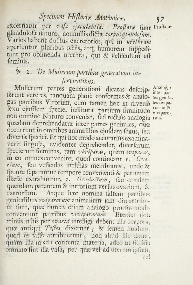 excernatur per vaja ejaculantia. Projldtd funt l’u>ftatac’ glandulofat: naturae, nonnullis dictae corpus glandofum. Varios habent ductus excretorios, qui in° urethram aperiuntur pluribus oftiis, atq; humorem fuppedi- tantpro oblinenda urethra, qui & vehiculum e ii feminis. §• 2. De Mulie rum partibus generationi in¬ fercientibus. Mulierum partes generationi dicatas deferip- .Analo§,a Ierunt veteres, tanquam plane conformes & analo- tes genita, gas partibus Virorum, cum tamen haec in diverfo les ov*Pa- fexu ejufdem fpeciei inftituta partium fimilitudo Siparo' non omnino Natura: conveniat, fed reiliiis analogia rum. quaedam deprehendatur inter partes genitales, qua; l - w wvvuxuuuj 1.riai-jicr ver it ungula, evidenter deprehendet, diverfarum fpecierum feminas, tam viviparas, quam oviparas, in eo omnes convenire, quod contineant 1. 1 Ova¬ rium, feu veficulas inclufas membranis , unde & fponte feparantur tempore convenienti & per artem illaeife extrahuntur, 2. Oviiuctum, feu -canalenv quendam patentem & introrfum verfes ovarium, & extrorfum. Atque haec nomina faltem partibus genitalibus oviparorum animalium jam diu attribu¬ ta funt, quae tamen etiam analogo prorfus modo conveniunt partibus viviparorum. Etenim xiou mirius in his per ovaria, intelligi debent illa corpora, qua: antiqui Tefies dixerunt , 8c femen fluidum, quod iis tailb attribuerunt, non aliud hic datur, quam illa in ovo contenta materia, adeo ut fictkla omnino fint illa vafa, per quae vel ad uterum ipfum.