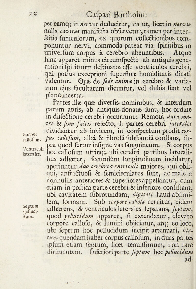 pereamq; in nervos deducitur» ita ut, licet in nervt#•-' nulla cavitas manifefta obfervetur, tamen per inter- ftitia funiculorum, ex quorum colle&ionibus com¬ ponuntur nervi, commoda pateat via fpiritibus in univerlum corpus a cerebro abeuntibus. Atque hinc apparet minus circumfpe&e ab antiquis gene¬ rationi fpirituum deftinatos effe ventriculos cerebri, qui potius exceptioni fuperfluae humiditatis dicati videntur. Quas de /ede anima in cerebro 8c varia¬ rum ejus facultatum dicuntur, vel dubia funt vel plane incerta. Partes illas quas diverfis- nominibus, 8c interdum parum aptis, ab antiquis donatas funt, hoc ordine in dilTeftione cerebri occurrunt: Remota dura ma¬ tre 8t finu falcis refeflo, fi partes cerebri laterales dividantur ab invicem, in confpe&um prodit cor- caiiofum. rHS callofum^ alba & fibrola fubftantia conflans» fu- . pra quod fertur infigne vas fanguineum. Si corpus laterales!1 h°c callofum utrinq; ubi cerebri partibus laterali¬ bus adhaeret, fecundum longitudinem incidatur» aperiuntur duo cerebri ventriculi majores, qui obli¬ qui, anfractuofi &: femicirculares funt, ac male h nonnullis anteriores & fuperiores appellantur, cum etiam in poftica parte cerebri & inferiore confidant» ubi cavitatem fubrotundam, digitali haud abfimi- lem, formant. Sub corpore callo/a cernitur, eidem adhaerens, & ventriculos laterales feparans, feptum, corpore callofo, & lumini objiciatur, atq; eo loco, ubi feptum hoc pellucidum incipit attenuari, hia¬ tum quendam habet corpus callofum» in duas partes tpfurn etiam feptum, licet tenuifiimum, non raro dirimentem. Inferiori parte feptum hoc pellucidum ad- Corpus Septum pelluci¬