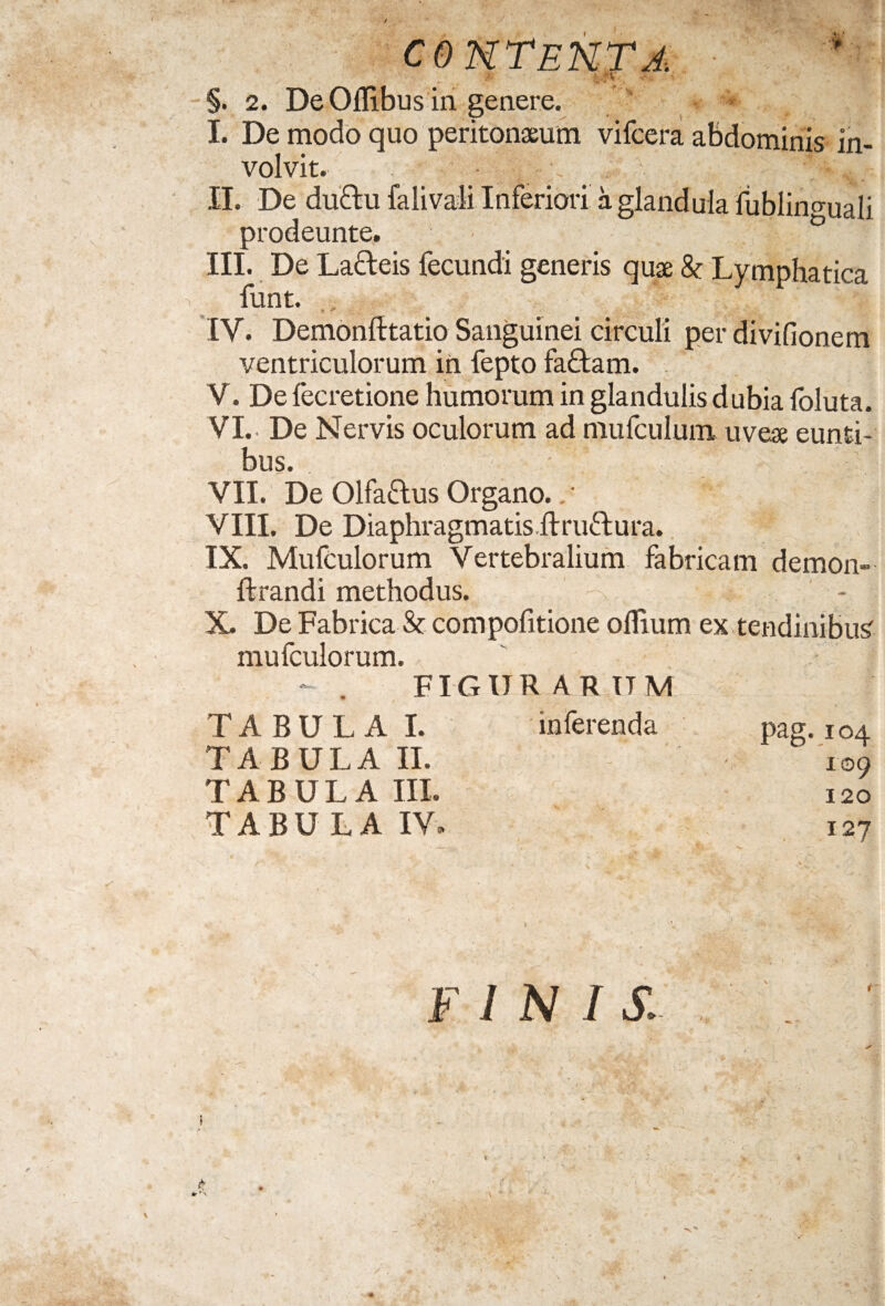 §. 2. De Ollibus in genere. I. De modo quo peritonaeum vifcera abdominis in¬ volvit. II. De ductu falivali Inferiori a glandula fublino-uali prodeunte. ° III. De Lacteis fecundi generis quae &; Lymphatica funt. IV. Demonfttatio Sanguinei circuli per divifionem ventriculorum in fepto fa£tam. V. De fecretione humorum in glandulis dubia foluta. VI. . De Nervis oculorum ad mufculum uveae eunti¬ bus. VII. De Olfaftus Organo..' VIII. De Diaphragmatis ftru&ura. IX. Mufculorum Vertebralium fabricam demon» ftrandi methodus. - X. De Fabrica & compolitione oflium ex tendinibus mufculorum. FIGUR AR ITM TABULA I. inferenda pag..io4 TABULA II. TABULA III. TABULA IV 109 120 127 FINIS.