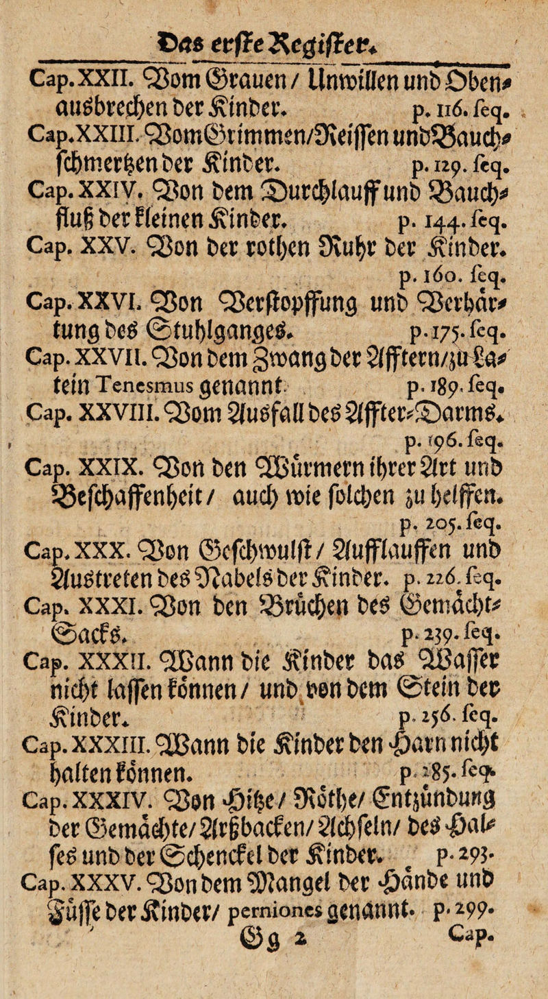 _tiasjvfte Xegiftet;* Cap. xxii. Sßom ©rauen/ Unwillentmb Oben# auöbrephen ber ^tnber. p. n6. feq. Cap.xxm. 98om©rtmmen/9\eijfen unb^Saud)« fchmerhenber Äinber. p. 129. feq. Cap. xxiv. <3?on bem durchlauf unb 533aud)* flu§ ber Weinen Äinber. p. 144. feq. Cap. xxv. £3on ber rotten üeuhr ber ÄÜnber. p. 160. feq. Cap. xxvi. <23on QSerffopfung unb <2krhdri» tung be£ ©tuhlgangeö. p.i7j.feq. Cap. xxvil. Q3on bem Swang ber Slfftern/ju £a* tetn Tenesmus genannt p. %• feq. Cap. XXVIII. <801115fu8fa«beö2(jfter^arm^ , p. rp6. feq. Cap. xxix. Sßen ben ‘SBurmern ihrer 2lrt unb 525efchafenhett/ aud) wie föleben $u helfen. p. 205. feq. Cap. xxx. <23on ©efcbwulji/ Slufflaufen unb 2(u6treten beö Jabels ber .Klober. p. 226. feq, Cap. xxxi. <2$on ben Brüchen beö ©emdd)t* ©acf& p- 239- feq* Cap. xxxii. <2Bann bie ifinber bacs StBafer nicht lafen tonnen/ unb ben bem (Stein bep ^inber. p. i$6. feq. Cap. xxxiii. <2Bann bie JWnber ben $arn nicht halten tonnen. p.iSj.feqw Cap. xxxiv. <2$en «H»ty/ SRcthe/ gntjünbung ber ©emdcbte/Slrfjbacten/ Slchfeln/ beef >|jal* feö unb ber @cbencf el ber Äinber. p- 293- Cap. xxxv. <3jon bem Mangel ber >£>dnbe unb Sufe ber Äinber/ perniones genannt, p- 299* ©g * Cap.