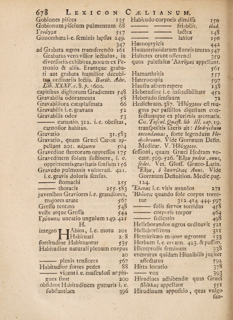 Gobiones pifces 135' Gobionum pifcium pulmentum 68 Tovdypcc 5-57 Gonorrhoea i-e. feminis lapfus 249. f ^ 3^7 ad Grabata aegros transferendo 161 Grabatus vero vilior le&ulus, in diverforiis exhibitus,notum ex Pe¬ tronio & aliis. Erantque graba¬ ti aut grabata humilior decubi¬ tus ordinariis ledis. Bartb. Adv. 1M. XXXV. c. 8. p. >600. capitibus digitorum Gradientes 548 Gravabilia odoramenta Gravabiliora cataplafmata Habitudo corporis dimifia — -— —— friabilis. — - ——— lactea -—— - la&ior ifo ibid. 148 IfO 442 Gravabilis i. e. gravans 5*2 Gravabilis odor 5-3 • -- carnatio. 312. i.e. obefftas, carnofior habitus. Gravatio 31.5-83 Gravatio, quam Graeci Caron ap¬ pellant 201. mputnv 504 Gravedine ftercorum oppreffos 17$* Gravedinem folam fu ft in ere, i. e. opprimentis gravitatis fenfum 156 Gravedo pulmonis vulnerati. .421. i. e.gravis doloris fenfus. • - ftomachi itf ~- thoracis 255.583 Haemoptyicis Haemorrhioidarum fluoris tentus 5-47 Halteres erunt offerendi 3^9 quos paleftritse 'AaTypag appellant. 561 Hamarthritis 5-5-7 Haterocopia 5-97 Hauflu aerem rapere 138 Hebetudine i. e. infenfibilitate 45-2 5-8 Hebetudo fenfuum 72 66 Hedichruim 387. 'H5uxpoov eff ma¬ gma per pafliilos digeftum con- fe&umque ex plurimis aromatis. Cie. ‘Tufcul. Quteft. lib 111. cap. 19. tranfpofltis literis ait: Hedrychum incendamus, forte legendum //<?- dychroum. Vide Gorraeum Defin. Medicar. V.'H$u%poov. feffioni, quam Graeci Hedram vo¬ cant. 5-09. 5-26. f/E$p<2 podex, anus, fedes. Vet. Glolf. Graeco-Latin. Ecip#, 6 SctHTvkMs Anus. Vide Gorraeum Deflnition. Medic.pag. 124. Ehiuae i. c. vitis annulos 271 juvenibus Graviores i. e. grandiores, 'Rklutrig quando fole corpus torre- majores astate 5-67 Greffu tentato 5'48 veffe atque Greffii 5-44 TpvnMig uncatio unguium 149.421 H. ^ tur integro Abitu, i. e. motu 201 .Habituari 2<' 8 fortitudine Habituantur 5-35- Habitudine naturali plenum corpus 20 -— plenis tenflores 5*67 Habitudine fortes pedes 88 *—-— vipenti.e. mufculofl ac pin¬ gues fnnt 200 obfident Habitudinem gutturis i. e. fubffantbm 312.414.444.5-97 ———- folis fervor torridus 45*8 ——— corporis torpor 464 —- folicatio 498 Helleborandos asgros ordinavit 5-21 Helleborifmus 311 Hemitritaeo m ijore aegrotant 133 Herbum i. e. ervum. 423.&paffim. Hicreprolis feminam 338 excreatus quidam Hinnibilis jugiter affe&atus . 5^92 Hirta locutio 378 —* vox ^ 393 Hirudines adhibendas quas Graeci fideKKxg appellant s$i 396 Hirudinum appolitio , quas vulgo fan-