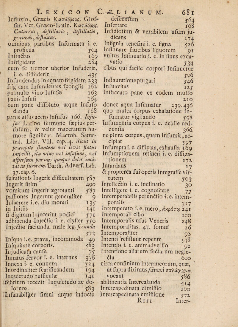 Influxio, Grasci-s Koctappovg. Glof- deTceTTfum \ 5-64 far. Vct. Grasco-Latin. Kardfipse. Infertare 168 Catarrus , deftillacio , deJi ili at io , Infidlofuin & vexabilem ufumju- gravedo, defluxus, dicans 174 omnibus partibus Informata i. e. Infignia tenefmi i. e. figna 526 proficua 5-04 Infinuare faucibus liquorem 91 Infradus 169 vultus Infinuatio i. e. in finus exca- Infrigidant 284 vatio 574 cum fc tremor uberior Infuderit, cibus qui facile corpori Infinuctur i. e. diffuderit 435* Infundendos in aquaip frigidam 233 frigidam Infundentes fpongiis 162 palmulae vino-Infulis 163 panis Infufi 164 cum pane dififoluto atque Infufo danda 168 panis affus aceto Infufus 166. Infit- 5°6 Infiauratione purgari ^46 In fu avitas 124 Infuccato pane ex eodem mulfo 210 donec aqua Infumatur 239,436 quo multa corpus exhalatione In¬ fumatur vigilando 5-98 fus Latino fermone faepius per- Infumentia corpus i. e. debile red- fufum, & velut maceratum hu- dentia 366 more fignificat, Macrob. Satur- ne plura corpus,quam Infumit, ae¬ na]. Libr. VII. Cap. 4. Sicut in cipiat 5-97 prrfcipiti flantem vel levis flatus Infumpta i. e. diflipata, exhaufla 169 impellit, ita vino vel infufum, vel Infumptionem retineri i. e. difllpa- afperfum parvus quoque dolor mei- tionem 172. tat in furoremdBaith. Adverf Lib. Intardans 17 37. cap. 6. & propterea fui operis IntegrafTe vir- fpirationis Ingerit difficultatem 5-87 tutem ^03 Ingerit fitim 490 Intelledio i. e. inclinatio 30 vomitum Ingerit aegrotanti 587 Intelligere i. e. cognofcere 77 pafilones Ingerunt generaliter 9 Intemperabilis perundio i. e. intem- 135* poralis 317 141 Intemperato i. e. mero, dupary 241 inhaerere i.e. diu morari in Initiis fi digitum Injecerint podici 571 Intemporali cibo adhibenda Injedtio i. e. clyfier 570 Intemporalis ufus Veneris Injcdio faciunda. male teg.fecunda Intemporalitas. 47. fomni 573 Iniqua i.e. prava, incommoda 49 Iniquitate corporis. Injudicata caufa Innatus fervor i. e. internus Innexa f e. connexa Inordinaliter fcarificandum Inquietudo tufficulge ico 248 26 92 548 92, Intemporaliter Intenti refifiunt repente 5-83 Intentio i. e. animadverfio 75* Intentione aliarum ledarum negle- 336 da 600 5'24 circa confinium Interaneorum, quae, 194 ut fupra diximus,Grasci G%hot.y%yct 141 vocant 5-8 6 febrium recedit Inquietudo ac do- abftinentia Intercalanda 414 lorum 5:83 Intercapedinata dimidio 100 Infanabilyer fimul atque indode Intercapedinata emiffione 572 Rrrr Inter-