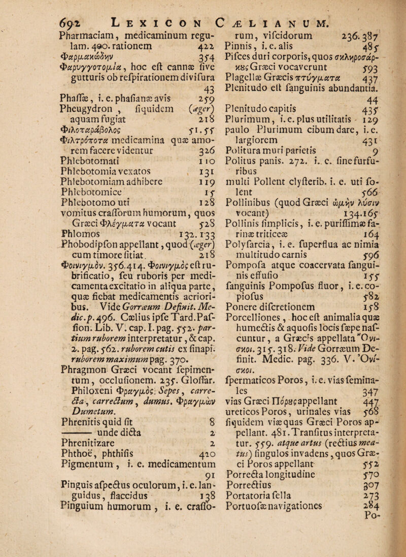 Pharmaciam, medicaminum regu¬ lam. 4©o. rationem 422 35*4 *&cipvyyoTO[Llci, hoc eft cannas five gutturis ob refpirationemdivifura 43 Phaflae, i. e. phafianaeavis 25-9 Pheugydron ,. fiquidcm (^0 aquam fugiat 218 ipiKoTapdfiohoQ yi.yy QiXTpoxoTCi medicamina quae amo¬ rem facere videntur 326 Phlebotomati 110 Phlebotomia vexatos 131 Phlebotomiam adhibere 119 Phlebotomice 1 y Phlebotomo uti 128 vomitus cradorum humorum, quos Graeci ^sypLcirst vocant y28 Phlomos 132.133 Phobodipfon appellant, quod (ieger) cum timore fitiat. 218 &oiviyij.ov. 3y6.4i4.<Po/v/ypic£eftru- brificatio, feu ruboris per medi¬ camenta excitatio in aliqua parte, quae fiebat medicamentis acriori¬ bus. Vide Gorrceum Definit. Me¬ die./>.496. Caelius ipfe Tard.Paf- fion. Lib. V1 cap. I. pag. yy2. par¬ tium ruborem interpretatur, & cap. 2. pag. y62. ruborem cutis ex finapf. ruborem maximum pag. 370. Phragmon Graeci vocant fepimen- tum, occlufionem. 235*. Glofiar. Philoxeni 4>p«y/xoci Sepes > carre- , carrettum, dumus. Dumetum. Phrenitis quid fit 8 -- unde diCta 2 Phrenitizare 2 Phthoe, phthifis 420 Pigmentum , i. e. medicamentum 91 Pinguis afpcCtus oculorum, i. e. lan¬ guidus, flaccidus 138 Pinguium humorum , i. e. crafto- rum, vifeidorum 236.387 Pinnis, i.e.alis 485* Pifces duri corporis, quos cnXvipocrup- K8S Graeci vocaverunt ^93 Plagellae Graecis WTvyixciTct 437 Plenitudo elt fanguinis abundantia. 44 Plenitudo capitis 43^ Plurimum, i. e. plus utilitatis 129 paulo Plurimum cibum dare, i. e. largiorem 431 Politura muri parietis 9 Politus panis. 272. i. c. finefurfu- ' ribus multi Pollent clyflerib. i. e. uti fo« lent 566 Pollinibus (quod Graeci w/xvjv Kvcriv vocant) 134.165” Pollinis fimplicis, i. e. purifiimacfa¬ rina; triticea 164 Polyfarcia, i. e. fuperflua ac nimia multitudo carnis 5*96 Pompofa atque coacervata fangui¬ nis eflfufio ly 5* fanguinis Pompofus fluor, i.e.co- piofus 5*82 Ponere diferetionem iy8 Porcelliones, hoc eft animalia quae humeCtis & aquofis locis faepe naf- cuntur, a Graeds appellata^Ow- cno/. 31 y. 318. Vide Gorraeutn De¬ finit. Medie, pag. 336. V. ’Ov/~ GYOl. fpermaticos Poros, i. e. vias femina- les 347 vias Graeci ITopasappellant 447 ureticosPoros, urinales vias y68 fiquidem viae quas Graeci Poros ap¬ pellant. 481. Tranfitus interpreta¬ tur. yy9* atque artus (reCtius mea¬ tus) fingulos invadens *quos Grae- ci Poros appellant yy2 PorreCta longitudine 570 Porrectius 307 Portatoria fella 273 Portuofae navigationes 284 Po-