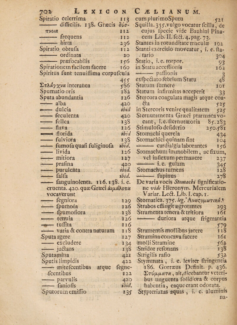 Spiratio celerrima 113 -- difficilis. 138. Graecis £uff- nvoia 112 -—— frequens ,112 hirta Spiratio obtufa —— ordinata praefocabilis 236 112 20 15-6 t6o Spirationem facilem facere Spiritus funt tenuiffima corpufcula ^ , W interanea Spumatio oris Sputa abundantia - alba 0— dulcia ■-feculenta 420 *—- fellea 138 — flava 126 ——» florida ibid 5*86 182 126 420 - fulviora 138 - fumofaquafi fuliginofa ibid. - livida 126 — mitiora 127 - prafina 420 - purulenta ibid. -— falfa ibid. — fanguinolenta. 116.138. i. e. cruenta. 420. quae Graeci cu^ahoncz vocaverunt - fegniora 129 -fpumola 126 — fpumofiora 138 - tenuia 126 rs— tuffita 116 -varia & contra naturam 118 Sputa agere 127 - excludere 134 —— jadlans 138 Sputamina 421 Sputis limpidis 422 - mitefeentibus atque fegne- Xcentibus 122 -- parvulis 420 - faniofls ibid. 'Sputorum emiffio 135* cum plurimoSputu f2t Squilla. 3 5f.vulgo vocatur fcilla, de cujus fpecie vide Bauhini Pina- cem Lib. ILfedt.q^pag. 73. Stantes in rotunditate maculae 102 Stanti exercitio moveatur, i. e.fta- • tario 304 Statio, i. e. torpor. 93 in Statu acceffionis 162 —— paffionis 3 exfpedlato febrium Statu 48 Statum fumere ior Statum infirmitas acceperit 33 Stercora coagulata magis atque coa- <51 a 5“2y in Stercoris venire qualitatem 5-25' Sternutamenta Graeci ptarmaca vo¬ cant, i. e. fternutatoria 8^. 283 Stiinulofo ddiderio 2yo. y8i Stomachi querela 434 Stomachici quinam fint 104 “- cardialgia laborantes Iy6 Stomachum immobilem, ac fixum, vel inflexum permanere 237 —- i. e. gulam 34^ Stomachus tumens 128 ——— fu pinus 278 De varia vocis Stomachi fignificatio- ne vide Hieronym. Mercurialem Variar. Le6L Lib. I. cap. 1. Stomatica. 375*. kgd Strabos effingit aegrotantes 293 Stramenta tenera & tritiora i6t *- duriora atque frigerantia 519 Stramentis mollibus jacere 118 Stramina concava facere 161 molli Stramine f6i Stridor refonans 138 Strigilis rafio 532 Stymmata , i. e. leviter 'ftringentia 186. Gorraeus Definit, p. 436. , ait,dicebantur veteri¬ bus unguenta folidiora & corpus habentia, eaque erant odorata. iazas aquas 1. e. aluminis na-