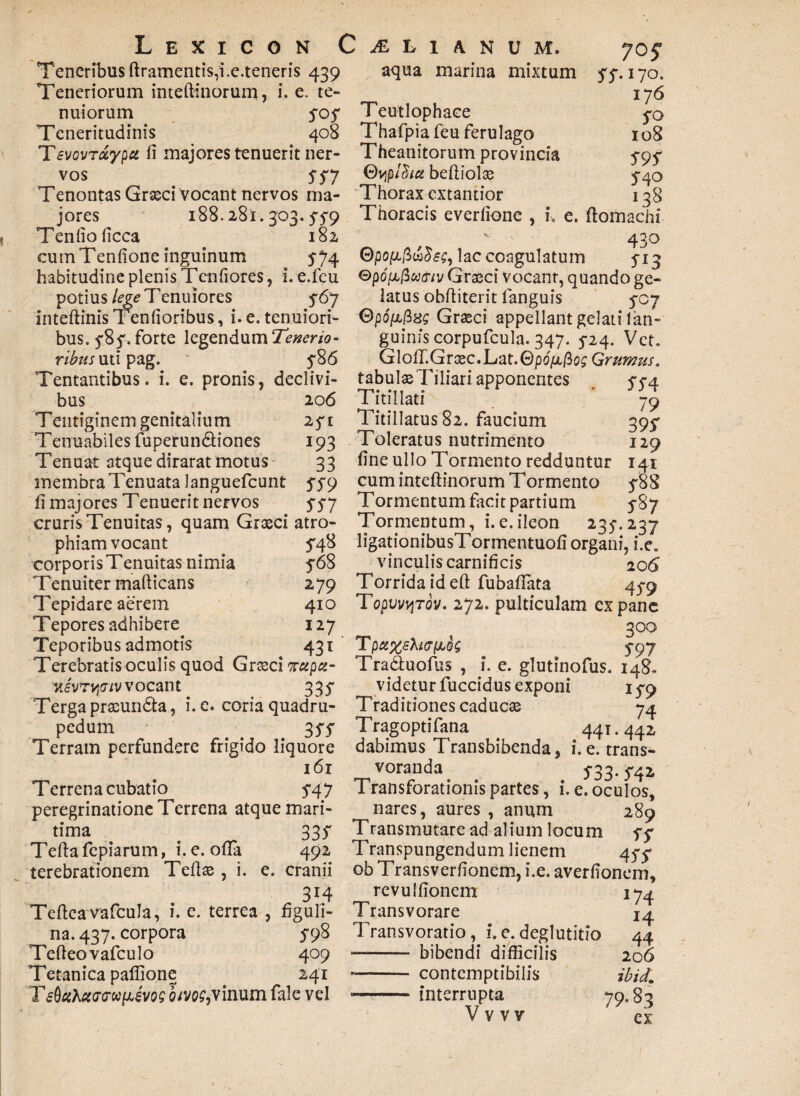 Lexicon Caelianum. Teneribus ftramentis,i.e.teneris 439 aqua marina mixtum Teneriorum inteftinorum, i. e. te¬ nuiorum fof Teutlophaee Teneritudinis 408 Thafpiafeu ferulago Tevovruypct fi majores tenuerit ner- Theanitorum provincia vos SS7 €)vip/^/« beftiolas Tenontas Grasci vocant nervos ma- Thorax cxtantior iores 188.281.303. c$9 Thoracis everfione , i\ e. Tenfioficca 182, ^ cum Tenfione inguinum 5-74 OpofLfiufec, lac coagulatum yos 55-170. 176 50 108 595 54° A 138 Uomachi 430 513 habitudine plenis Tenfiores, i. e.feu Gpdfb&u&iv Grasci vocant, quando ge- potius lege Tenuiores f6j latus obfiiterit fanguis 507 inteftinisTenfioribus, i. e. tenuiori- Opdft&ss Grasci appellant gelati lim¬ bus. 5*8 f. forte legendum Tenerio- guinis corpufcula. 347. 5-24. Vet. r/£#JUtipag. Glofi~.Grasc.Lat.©pdpi/3c)£ Grumus. Tentantibus. i. e. pronis, declivi- tabulas Tiliari apponentes ^54 bus 20 6 Tentiginem genitalium 271 Tenuabiles fuperun&iones 193 Tenuat atque dirarat motus 33 Titillati 79 Titillatus 82. faucium 3957 Toleratus nutrimento 129 fine ullo Tormento redduntur 141 • n • >■ f- < J. membra Tenuata languefcunt S59 cum inteftinorum Tormento $#8 fi majores Tenuerit nervos S57 Tormentum facit partium 587 cruris Tenuitas, quam Grasci atro- Tormentum, i. e. ileon 235-.237 phiam vocant 5*48 ligationibusTormentuofi organi, i.e. corporis Tenuitas nimia 568 vinculis carnificis 206 Tenuiter mafticans 279 Torrida id eft fubaftata 45-9 Tepidare aerem 410 TopvvyTov. 272. pulticulam ex pane Tepores adhibere 127 300 Teporibus admotis 431' Tpetxsluribfa 5-97 Terebratis oculis quod Grasci %eipa- Tradtuofus , i. e. glutinofus. 148- VLivrvinv vocant 337 videtur fuccidus exponi 1^9 Terga praeuncta, i. e. coria quadru- Traditiones caducas 74 pedum . . 3S5 Tragoptifana 441.442 Terram perfundere frigido liquore dabimus Transbibenda, i. e. trans- 161 voranda 533-542. Terrena cubatio 5-47 Transforationis partes, i. e. oculos, peregrinatione Terrena atque mari- ^ nares, aures , anum 289 tima Teftafepiarum, i.e. ofta terebrationem Teftas, 1. e. 337 Transmutare ad alium locum ^5 492 Transpungendum lienem 45*-7 cranii ob Transverfionem, i.e. averfionem. Tefteavafcula, i. e. terrea , na. 437. corpora Tefteovafculo Tetanica paffione T sQahcurtru laevos oivo^vinum fale vel 314 revulfionem figuli- Transvorare 5-98 Transvoratio, i.e.deglutitio 409 —- bibendi difficilis 241 -- contemptibilis interrupta V v v v J74 14 44 206 ibidi 79.83 ex