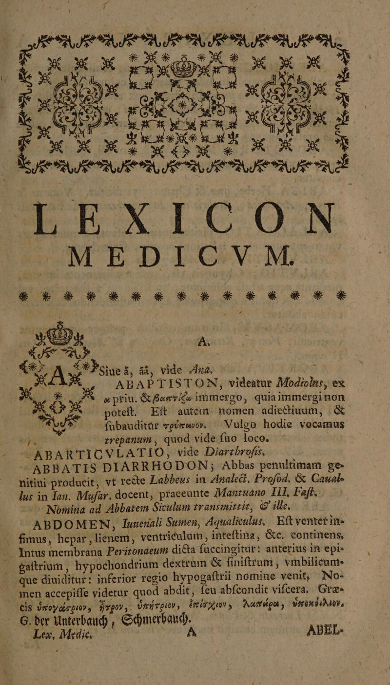 » ; / d X wx * XO* s φρο ΘΟδοκμαλθ T ES ER RS RR 2 Rs oxi Ἂ ber on x £ Kx € XXX Reges ema Jem, emi, eme murem E EILCLECUOMN »MEDICVM We 3 ἃ ἃ αὶ αὶ καὶ ἃ ἃ ἃ Eo ἃ Eo ὁ ἃ ἀπ ἊΣ e A xc Sie i, àà, vide Anz us X^ x ABAPTISTON, videatur Modiolas, ex ΕἾ X δὲ priu. &amp; Bam Co immergo, quiaimmerginon : Se poteft. Eft autem. nomen adicctiuum, &amp; vr fuübauditür τρύπωνον, Vulgo hodie vocamus ur rrepanum , quod vide füo loco. -ABARTICVLATIO, vide Diarzbrofis, , ABBATIS DIARRHODON; Abbas penultimam ge- mitiui producit, vt recte Labbeus in Anale. Profod. &amp; Cauak lus in Ian. Mufar. docent, praeeunte Manruano 11], Fafl, | Nómina ad Abbatem Siculum transmittit, (Θ᾽ ille, δι ABDOMEN, Innenali Sumen, Aqualiculus, Eft ventet ie — fimus, hepar , lienem, ventriculum , inteftina, &amp;c. continens, - 1ntus membrana Peritonaeum di&amp;ta fuccingitur: anteriusin epis — , — galtrium, hypochondrium dextrum ὃς finiftrum , vmbilicum» que diuiditur: inferior regio hypogaftrii nomine venit, No: men accepiffe videtur quod abdit, feu abfcondit vifcera, Gra» Cis jmoydspur, fp, ὑπήτριονν ἐπίσχιον, Aumféga, IT Zu - G. der Unterbauch , Schmerbaush. | | Lex, Medic, Fold ;' ABEL-
