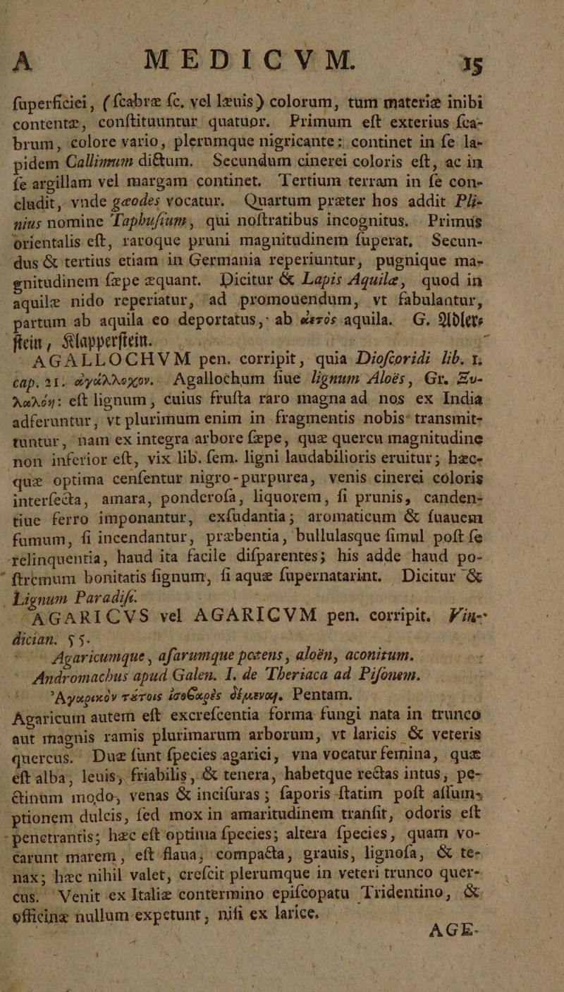füperficiei, (fcabre fc, vel leuis) colorum, tum materie inibi contentz, conítitauntur. quatuor. Primum eft exterius fca- brum, colore vario, plerumque nigricante; continet in fe la- pidem Callimum di&amp;um. | Secundum cinerei coloris eft, ac in fe argillam vel margam continet, Tertium terram in fe con- cladit,- vnde geodes vocatur. - Quartum preter hos addit Pl- niu; nomine Tapbufum;, qui noftratibus incognitus. | Primus orientalis eft, raroque pruni magnitudinem fuperat, Secun- 'dus &amp; tertius etiam: in Germania reperiuntur, pugnique ma- gnitudinem ίπρε zquant. Dicitur ὅς Lapis Aguile, quod in aquilz nido reperiatur, ad promouendum, vt fabulantur, partum ab aquila eo deportatus,: ab ἀετὸς aquila. G. Adler fein, Klapperflein. — | Ὁ -AGALLOCHVM pen. corripit, quia Diofcoridi lib. t; cap. 41, ἀγώλλοχον. Agallochum fine Zigmum Aloes, Gr. Ev- λαλόη: eft lignum , cuius frufta raro magna ad. nos ex India adferuntur, vt plurimum enim in fragmentis nobis: transmit- tuntur, nam ex integra arbore fepe, quz quercu magnitudine non inferior eft, vix lib. fem. ligni laudabilioris eruitur; hzc- que optima cenfentur nigro-purpurea, venis cinerei coloris interíe&amp;a, amara, ponderofa, liquorem, fi prunis, canden- tiue ferro imponantur, exíudantia; aromaticum &amp; íuauem fumum, fi incendantur, prabentia, bullulasque fimul poft fe relinquentia, haud ita facile difparentes; his adde haud po- * ftremuüm bonitatis fignum, fi aque fupernatarint. Dicitur ὃς ‚ Lignum Paradifi. er | CAGARICVS vel AGARICVM pen. corripit. Fin dician. 55. | | | c Agaricumque , afarumque posens , aloen, aconitum. ^ Andromachus apud Galen. I. de Theriaca ad Pifonem. (0 ᾿Αγαρικὸν r&amp;TOS iaoGxpis δέμεναι!. Pentam. Agaricuim autem eft excrefcentia forma fungi nata in trunco aut magnis ramis plurimarum arborum, vt laricis &amp; veteris quercus. Duz funt fpecies agarici, vna vocaturfemina, quz eft alba, leuis; friabilis , &amp; tenera, :habetque rectas intus; pe- &amp;inum modo; venas &amp; incifuras; faporis ftatim poft aíIum. ptionem dulcis, fed mox in amaritudinem tranfit, odoris eft - penetrantis; hac eft optini fpecies; altera fpecies, quam vo- carunt marem , eft flaua; compacta, grauis, lignofa, &amp; te- qax; hzc nihil valet, crefcit plerumque in veteri trunco quer- Cus. Venit ex Italie contermino epifcopatu Tridentino, &amp;: efficinz nullum-expetunt ; nifi ex larice, |. jo -— 4