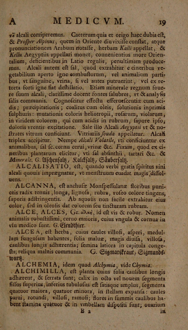  — WEDUCWM ὃ #3 alcali corriperemus. ^ Caeterum quia et origo haec dubia eft, ἃς Profper Alpinus, quem in Oriente diuvixiffe conftat, atque pronunciationem Arabum ıfotafle, herbam Kal; appellat: ὃς Kellu, Aegyptiis appellari monet, conuenientius more Orien- talium, deficientibus in Latio regulis, penultimam produce- mus. Alcali autem eft fal, ^quod extrahitur e cineribus ve- getabilium aperto igne eombuftorum,. vel animalium parti: bus, vt fanguine, vrina, fi vel antea putruerint, vel ex re- torta forti igne fiat deftillatio. Etiam minerale regnum foue- . re fuum aleali, clariffime docent fontes falubres, vt &amp;analyfis falis communis. ' Cognofcitur effe&amp;u efferuefcentiz cum aci- dis; przcipitationis ; coalitus cum oleis, folutionis inprimis - fulphuris: mutationis coloris heliotropii, rofarum, violarum ; án viridem colorem , qui cum acidis in rubrum, fapore ipfo; . doloris vrentis excitatione. Sale illo Alcali Aeg yprzi vt &amp; no- > ftrates vitrum conficiunt. — Vitriariis /ouda appellatur. - Alcali .triplex accipitur. Nempe Alcali V'olatile, vti conficiuntur. ex animalibus, fal fc. cornu cerui,vring &amp;c. Fixum, quod ex ci- -meribus plantarum elicitur, vti fal abfinthii , tartari &amp;c. ἃς Minerale. G. Ajchenfalg, Kalckfals, Säuberfalg. - Fins  ALCALISATIO, eft, quando verbi gratia fpiritus vini aleali quouis iinpregnatur, vt menítruum euadat. magis ;diffol- ense dimriot Tr: : δ rp 0 UM : ALCANNA, eftanchufz Monfpeffulanz floribus puni- ceis radix tenuis ‚longa, lignofa, rubra, rofco colore tingens, faporis adítringentis.. Ab aquoíis non facile extrahitur eius  color, fed in oleofis dat colorem feu tin&amp;turam rübram. . M ALCE, ALCES, Gr. As, id eft vis &amp; robur. Nomen animalis robuftiffimi, ceruo maioris, cuius vngula ὃς cornua in víu medico funt. G.Efendthier. — Fe qut -ALCE A, eit herba, cuius caules villofi, afperi, medul- lam fungofam habentes, folia maluz, magis diuiía, villofa, caulibus longis adherentia; femina latiora in capitula conge-. fta; reliqua maluis communia. G. Cigmarsfraut, Cigmunbs: - JA ALCHEMIA, idem quod Zlchymia , vide Chymia:- - . ALCHIMILLA, cft planta cuius folia caulibus longis adherent, &amp; ferrata funt; calix in o&amp;e vel nouem fegmenta ... fius fuperius, inferius tubulofus eft fatisque amplus, fegmenta quatuor maiora, quatuor minora, in ftellam expanía : caules parui, rotundi, villofi, ramofi; flores in fummis caulibus ha: bent ftamina quàtuor &amp; in vmbellam difpofiti funt; ouarium