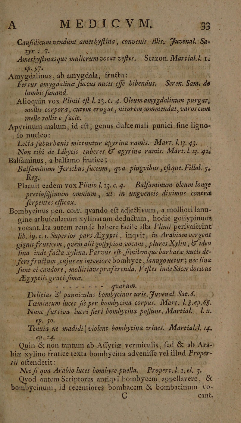 Caufedicum vendunt amethyflina‘, convenit. illis, Fuvenal. :Sa- κοι εὐ N δὴν PST Amerhyflnasque mulierum vocat veles. Scazon. Martial.l. 1; D ep. 97. . . TM set Amygdalinus, ab amygdala, fru&amp;tu: ὃς BYA — Fertur amygdaline fuccus nucis. effe bibendus. Seren. Sam. da lumbis [anand. ín Ma | | 1-351 . Alioquin vox Plinii eff 1, 23.c. 4. Oleum amygdalinum purgar, anollit corpora , cutem erugat , nitorem commendat, varos cum —. nelle zolliz e facie. 1 iris Apyrinum inalum, id eft, genus dulce mali punici.fine ligno- . 1o nucleo: | | | - Ledla fuburbanis mittuntur apyrina ramis.: Marz.l:3.43...— Non zibi de Libycis uberes © apyrina amis. Mart. l.13. 420 - Balfaminus , a balfamo frutice; .. 1 ha di Balfaminum Ferichus fuccum , qva. piugvibus , eque. Fillol. y, ἐξα... | ) ET nik Placuit eadem vox Plinio l23.c. 4. — Balfaminum oleum longe pretiofijimum omnium ,. ut. in unguentis diximus. contra ferpentes efficax. | ACA | | Bombycinus pen. corr. qvando eft adje&amp;ivum, a molliori lanu- gine arbufcularum xylinarum deductum, hodie goiiypinui τ vocant. Ita autem reife habere facile ifta. Plinii perívaíerint τς lib. 19. €. 1. Superior pars /Egyszi , inqvit, in Arabiam vergens - gignit fruticem , quem alii goflypion vocant , plures Xylm ; i9' ideo | dina inde facta xylina. Parvus. eft-, fimilemque barbate nucis de- ferzfra&amp;tum ,cujus ex interiore bombyce , lanugo netur ; nec lina | fünz ei candore , mollitiavepraferenda, Veftes inde Sacerdotivus - JEgypriis gratisfmna. — / Delitias © panniculus bombycinus uriz. Juvenal. Saz.6......) ΤΣ Us Tenuia ne madidi | violent bombycina crines. Martialil. 1g. Ἀρρὰν, κἴ 60 o cgit BER Quin &amp; non tantum ab. Aflyriz vermiculis, fed &amp; ab Ara-ı bie xylino frutice texta bombycina adveniffe vel illnd. Proper- ii oftenderit :. : Vdidid i5. Nec fi qua Arabio lucet bombyse.puella.. Propert. 1. 2, el, 3. Qvod autem Scriptores antiqvi bombycem, appellavere, &amp; bombycinum, id recentiores bombacem ὃς bombacinum vo- : C | : cant,
