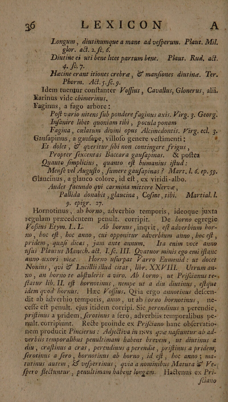 “ἢ LEX CON. Cu ARD Longum , diurinumgue a mane ad vefperum. Plans. Mil, ὙΠ glor. ad. 2. fc, 6. | oo Diutine ei uti bene licer parzum bene. Plaus. Rud, ad. 4. J6 7. Hacine erant itiones crebre , ® manjfıones ἡ ως Ter. ᾿ Phorm. |. AG. 5. fc. 9. Idem tuentur SA I p oflius , Cavallus, Glonerus , alii. Earinus vide cbzmerinus, | y: Faginus, a fago arbore: |- | ' Poft vario uitens fub pondere f'aginus axis. pote 2. BAR: Infänire libet. quoniam tibi , pocula ponam Fagina , celatum. divini opus Alcimedonzis. Firg. ecl. 2, Gaufapinus , a gaufape, villofo genere veftimentit.| 478, Er dolet, &amp; queritur fibi non contingere frigus 7 Propter Sexcentas Baccara gaufapinas. &amp; poftea -Quauto fimplieins, quanto eft bumanius iflud: _ © Menfe vel Augufto , Jumere gaufapinas? Mart, l. δ, ep. 39 Glaucinus, a glauco colore, id eft , ex viridi-albo. “ἃ | Audet facundo qvi carmina mitzere Nerve , Pallida donabit , glaucina , PUR ine , nbi. Martial) $: epipr; ^39, Ὁ 5 THAI ‚ab Porno, adverbio temporis, ideoque. juxta regulam precedentem penult. ‚eorripit. De horno egregie Vofsius Ezym. L. ΤᾺ Ab bornus , inqvit, eff adverbium hor- no, boc eft , boc anno, cui opponitur. adverbium. anno , hec eft , pridem, -quafe dicas , jam ante aunum, Ita enim voce anno ufus Plaurus Manech, a&amp;. 1 [2. III. Qvaruor minis ego emi ifkanc auno-uxori ee... Horno ufurpat Varro Eumenid: ut docet Nonins,, qui tg Locilli illud cirar, liv. XXVIII. Urrum an- 20, an o te ab[luleris a viro. Ab loro, ut Prifcianus te=« ‚Rasur lib. 1I. eff bornotinus , nempe ut a dim diutimus, ef que. idem qv od horuüs. Hxc Vollius. Qv via ergo annotinus defcen-' dit ab ädverbio ‚temporis, anno, ut ei torno hornotinus, me-- cefle eft penult. ejus itidem corripi. Sie perendinus a per endie, prijtinus a pridem, ferozinus a fero, adverbiis temporalibus pe- nult. corripiunt. Recte proinde ex Pr ifciano: hane obfervatio-. | hem producit Pincierus : Adjectiva inınvs qve naftuntur ab ad-. ' ‚ verbis temporalibus penultimam habent. brevem , ur diutinus a diu, craflinus a cras , perendinus a perendie , priffinus à prideur, fer ritus a fero , Lornod ud αὖ horno , id eft , boc anno 3 ma- | Iutinus autem , is vefpertinus, qvia a nominibus Matura © Ve. Jfpero flectunzur , penultimam babenr longam. | Hactenus ex Pri- : ) | ano y