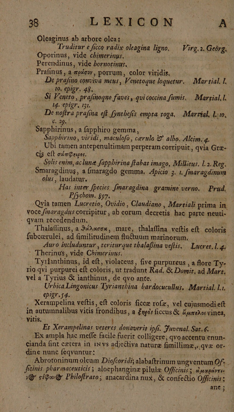 1 Olsaginus ab arbore olea: Á δὰ | Trudirur e ficco radix oleagina ligno. — Virg. 2. Geörg. Oporinus, vide chimerinus. . i j Perendinus, vide borgotimut, — px Prafinus , a σράσον, porrum , color viridis, De prafrua conviva meus, Venetoque loquetur. Martial. I. οἶος epigr, 48. WERT LM | ...SE F'enero , prafmogne faves , qvi coccina fumis..— Martial, l. (oo 4. ἘΡΊΟΥ, 131. | : ο Denoftra prafma eft [yuzbefis empta toga, — IMarttal, Lio, fs dob aM je M . Sapphirinus, a fapphiro gemma, NSW un Sappbirino , viridi, maculofo, cerula &amp;' albo. Aleim.g. — τ, Ubi tamen antepenultimam perperam corripuit , qvia Grz- cis eft em eios. i ; No - Salis enim, ac lune fappbirina [labat imago, Millieus. 1.2. Reg. Smaragdinus, a fmaragdo gemma. Apicio 3. 1, fmaragdinum olus , laudatur. | bibo. Has inter fpecies. [maragdina gramine verno. — Prud. - Pfychom. $97. à ! Der voce fimaragdus corripitur , ab eorum decretis hac parte neuti- - qvam recedendum. fubcerulei, ad fimilitudinem Auftuum marinorum. rots Auro includuntur , teriturque thalaßina velis, — Lucret, la. * Therinus, vide, Chimerinus. | Wee Sud Tyılanthinus, id eft, violaceus, five purpureus , a flore Ty- rio.qvi purpurei eft coloris, ut tradunt Rad. &amp; Domiz, ad Mart. vel a Tyrius &amp; ianthinus, de qvo ante. n iid τ Urbica Lingonicus Tyriantbina bardocucullus, Martial. l.1. 2 GUB d Reni iode cce na . Xerampelina veftis, eft coloris ficce rofz, vel cujusmodieft in autumnalibus vitis frondibus, a ξηρὸς ficcus &amp; Kumekos vinea, vitis. | LE x AG Et Xerampelinas veteres donaverit ipft. Suvenal. Sat... ‚Ex ampla hac meffe facile fuerit colligere, qvoaccentu enun- dine nuncíeqvuntur: | N ficinis. pbarinaceuticis ; aloephangine pilule Offícinis 5. d emplyri- Gr σέφων Θ΄ Pbiloffrato; anacardina nux, &amp; confectio Offteinis: