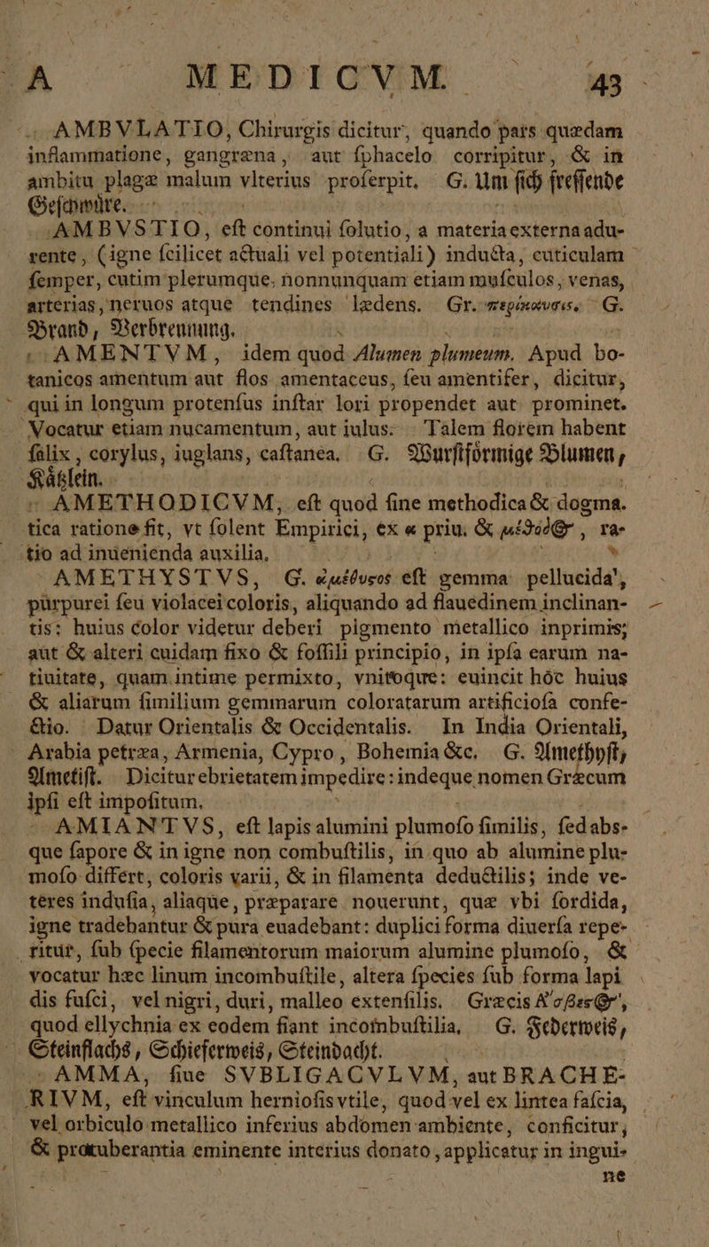 A MEDICVM 43 AMBVLATIO, Chirurgis dicitur, quando pars quaedam inflammatione, gangrena, aut fphacelo corripitur, &amp; in ambitu plage malum vlterius proferpit, - G. um fib ireffende Gefawire. A AMBVSTIO, eft continui folutio, a materiaexterna adu- rente , (igne fcilicet a&amp;tuali vel potentiali) inducta, cuticulam | femper, cutim plerumque; nonnunquam etiam mufeulos, venas, arterias,neruos atque tendines ledens. Gr. wsgésovee, | G. ah SRerbrennung. :AMENTVM, idem quod Alumen plumeum. Apud bo- tanicos armentum aut flos amentaceus, feu amentifer, dicitur, qui in longum protenfus inftar lori propendet aut prominet. ' Vocatur etiam nucamentum, aut iulus: | Talem florem habent si agito, , iuglans, caftanca, 6. Wurfiförmige alumen, an. s AMETHODICVM, eft ent fine methodica &amp; dogma. tica ratione fit, vt folent Empirici, ἐχ « priu. &amp; μέϑοδ( τὰ tio ad inuenienda auxilia, AMETHYSTVS, G. Hove eft gemma: pellucida? Σ pürpurei feu violacei coloris, aliquando ad flauedinem inclinan- tis: huius color videtur deberi pigmento metallico inprimis; aut &amp; alteri cuidam fixo &amp; foffili principio, in ipfa earum na- &amp; aliarum fimilium gemmarum coloratarum artificiofa confe- &amp;io. Datur Orientalis &amp; Occidentalis: In India Orientali, - Arabia petrza, Armenia, Cypro, Bohemia &amp;c. G. 9(mefbpft, S[metift. « Dicitur ebrietatem impedize: indeque nomen Gr&amp;cum ipfi eft impofitum, AMIANTVS, eft lapis alumini plumofo fimilis, fed abs- que fapore &amp; in igne non combuftilis, in.quo ab alumine plu- moío differt, coloris varii, &amp; in ΡΝ deduttilis; inde ve- teres indufia, aliaqüe, pr&amp;parare nouerunt, quz vbi fordida, igne tradehantur &amp;pura euadebant: duplici forma diuerfa repe- . ritur, fub (pecie filamentorum maiorum alumine plumofo, &amp; vocatur hzc linum incombuttile, altera fpecies fub forma lapi . dis fufci, velnigri, duri, malleo extenfilis. | c Bie Qr, |J quod ellychnia ex eodem fiant incotnbuftilia, G. Sederweis, A Steinflachs , Schiefermeis, Steindacht. > AMMA, fiue SVBLIGACVLVM, aut BRACHE- R IVM, eft viriculum herniofis vtile, quod vel ex lintea fafcia, . weh ‚orbieulo. metallico inferius abdomen: ambiente, conficitur, &amp; protuberantia eminente interius donato ; applicetur ἢ in ingui» ne