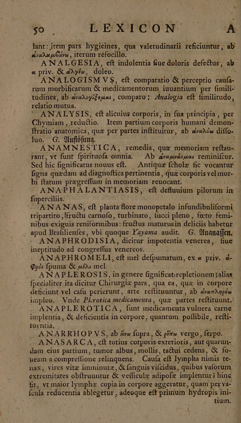 δ ΠΧ ΘΟ ὁ ἃ lant: item pars hygieines, qua valetudinarii reficiuntur, ab aia C, iterum réfocillo. « priv. Q ἀλγέω, dUlEo: ANA LOGISM V $, eft comparatio &amp; perceptio aha: rum morbificarum &amp; medicamentorum, iuuantium per fimili- tudines, ab ἐναλογέξομιαι, comparo ; Analog;ia eft fimilitudo, r elatio mutua. ANALYSIS, eft alicuius corporis, in fua principia, per Chymiam , reductio. Item partium corporis humani demon- ftratio anatomica, quz per partes. inftiruitur, ab ἀναλύω diffo- (Tuo, G. Sfuflifuna. ANAMNESTICA, remedia, que memoriam reftau- rant, vt funt fpirituofa. omnia. ^ Ab dvamyaomaı reminifcor. ' Sed hic fi gnificatus nouus eft. _ Antiquz fchole fic vocantur figna quedam ad diagnoftica pertinentia , quz corporis vel mor- bi ftatum pregreffum in memoriam reuocant. Ei ANAPHALANTIASIS, eft defluuium pilorum i in fuperciliis. ^OANANAS, eft planta flore monopetalo in fan mi tripartito , {fr uctu carnofo , turbinato, fucci pleno, feto femi- nibus exiguis reniformibus: fru&amp;us matur usin deliciis habetur apud Brafilienfes, vbi quoque Yayama audit. G. Ananaffen. ANAPHRO DISI A, dicitur impotentia venerea, ; fime ineptitudo ad congreffus  venereos. ANAPHROMELI, cft mel defpumatum, ex « priv. á-. 992: (puma &amp; μέλε mel. ^ ANAPLEROSIS,in genere fignificatırepletionem; alias. fpecialiter ita dicitur Chirur giz pars, qua ea, quz in corpore deticiunt vel cafu perierunt, arte reftituuntur, ab ἀναπληρόω impleo. Vnde PLrorica medicamenta , qux partes reftituunt. ANAPLEROTICA, fünt medicamenta vulnera carne implentia, &amp; deficientia in corpore, apicem poffibile, refti- tuentia, AANARRHOP VS, ab ἄνω fupra, &amp; gro. vergo, dn ANASARCA, cft totius cotporis exterioris, aut quarun- ‚dam eius partium, tumor. albus , mollis, tactui cedens, &amp; fo- nax, vires vitz imminutz, &amp; fanguis vifcidus , quibus vaforum éxtremitates obftruuntur &amp; vefficula adipofz implentur; j hinc fit, vt maior lymphz copia in corpore aggeratur, quam per va- cula reducentia ablegetur , adeoque eft primum hydropis i ini- tiuin.