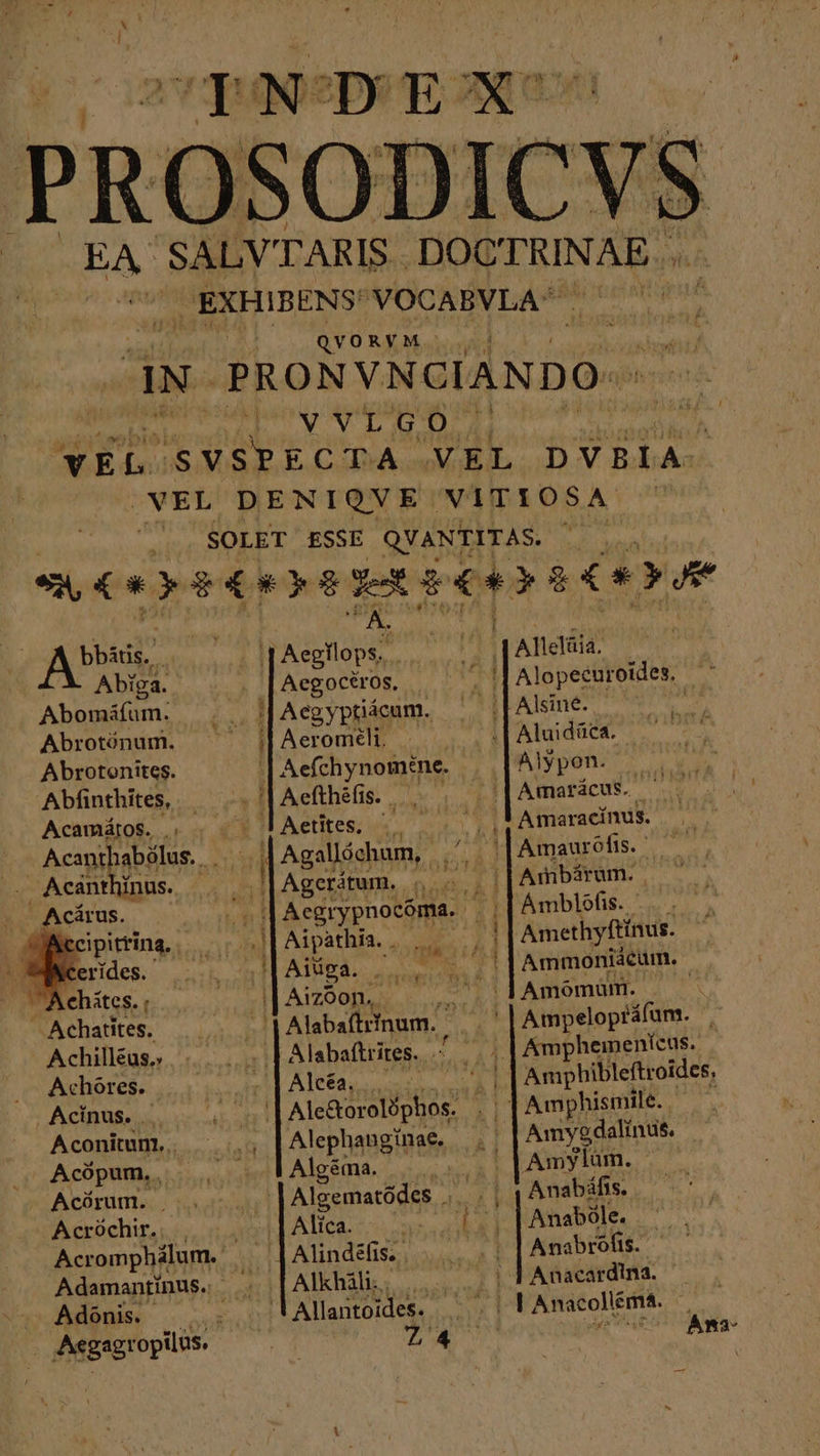 'EN’DEX p R ) OSOD IC Y S BA SALVTARIS. DOCTRINAE.. , EXHIBENS VOCABVLA^ Rua QVORVM. . in PRONVNCIANDO- ds alf Fn P P E ol VEL. SVSPECTA VEL DVBIA- NEL DENIQVE. VITIOSA SOLET ESSE QXASIA EAS. CH EE) ER EC (3840 N bhätie  * mm iis ii | Allcláia. Abiga. |Aegociros. “ '] Alopecuroides, Abomifum. ς ὁ Aegyptiácum. - ^ j[Alsine. Abrotónum. ὀκ j[Aeromédli _ . | Aluidäca. Abrotonites. , Ados P B ypéno s wd Abfinthites, τ Aefthéüs 7», ]|Amatácus. ον Acamätos. , . ^ lAetites, |. τω! Amaracínus. —- | ΩΝ Agallöchum, ^ | Amauröfis. ie ve nus. -. Agerätum. 5 5. Ambáram. ^ Aegrypnocóma. | Ámblofis. |. Aipathia. „000. } | Amethyftinus. Aiüga. |. LII Ammoniácum. - AYZOODLM e oor Rd Amoómuün. * u : BÀ d pt Achadtes, . |Alabaftiinum. Ὁ. Δ΄ Ampelopráfum. Achilluss Alabaftrites.. co 4] Am] heinenicus. (S Ashórese i. a jouir? ACER pesto Ma Amphibleftroides, : Acinuse c. crar τὰ Ale&amp;torolöphos. il^ Amphismile. | Aconiun.. ^. Alephangínae, ς I Amygdalinus. Acpum, | , . lAlgéma |... | JAmylam. | Acörum. 300.00 Algemarödes . . oí Anabáfis. Acróchir.. _ EA s EET Anabole. Acromphälum. | [Alindefis , Anabrofis. Adamantinus. 5 [Alkhili, |... ἐδ Anacardina. ὁ Adonis. - - . lAMantoides. . | 1 Amacollimt. Aegagropilus. TS. à Ana