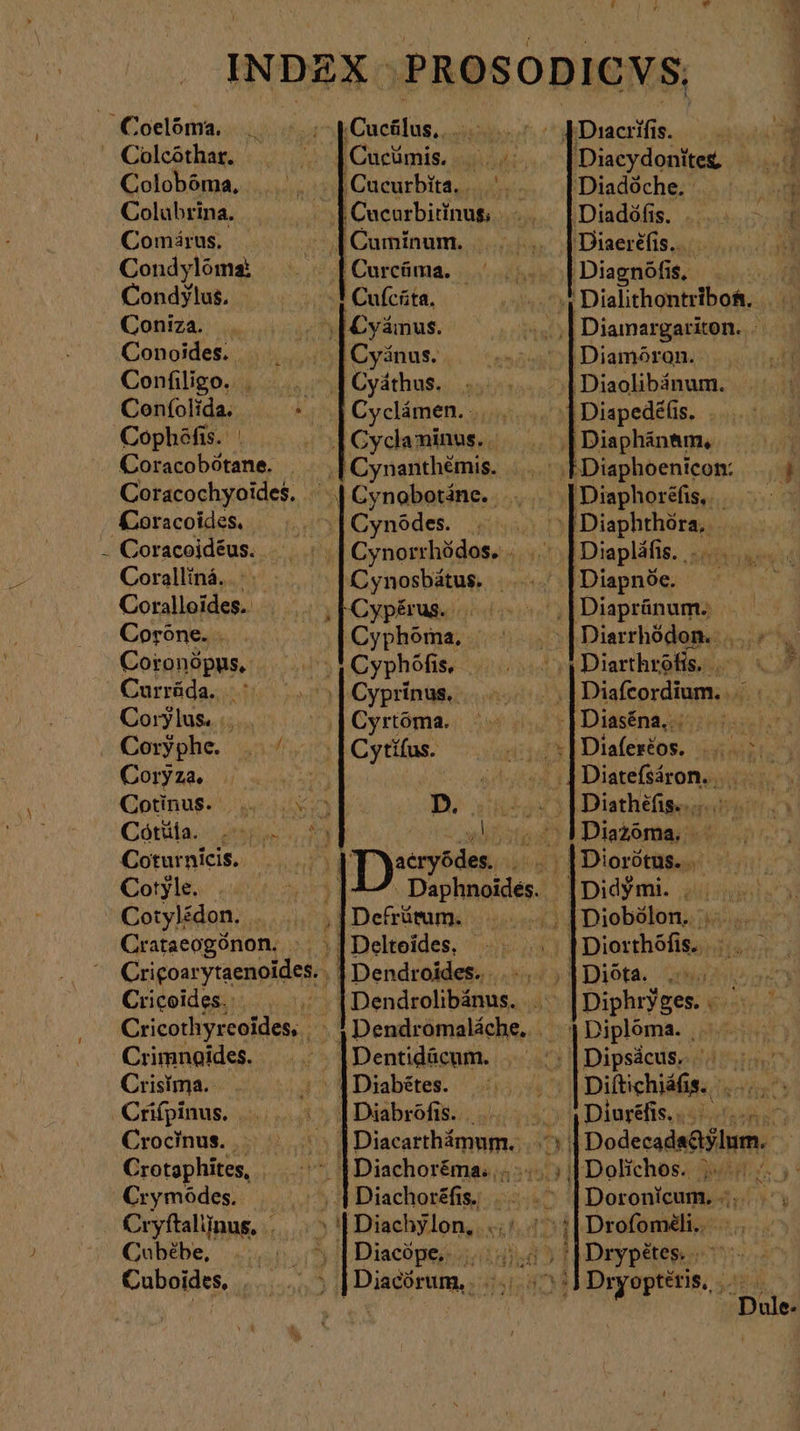 ! Colcóthar. | Colobóma, Colubrina. Comärus, Condylóoma: Condylus, | Coniza. . Conoides. Confiligo. |... Confolida. δ᾽ Cophöfis. | Coracobötane. Coracoides, Coralliná.. ᾿ Coralleides.. Coröne. . Coronöpns, Curräda. ᾿ Corylus. Coryza. Cótta. rei Coturnicis. Cotyle. Cotylädon. Crataeogönon. Cricoides. Cricothyreoidess Crisima. Crocinus. . Crotaphites, Crymödes. Cryftalinus, .. Cubébe, Cuboides, Cufcäta. Cyáthus. Cynobotäne. . Cynödes. Cynosbátus. Dendrolibánus. Diachorzfis. Diafcordium. ἡ vow | > ch = m DEE Diathéfis.....7 Diorötus. . Diorthofis, |... Diota. LAE Diuréfis...- Drofomili.. | pryeptétis; i dics