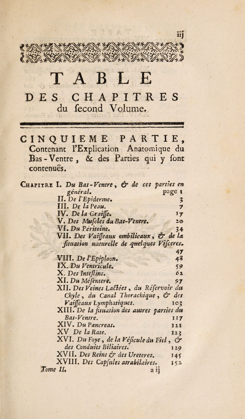 1=0 * lit TABLE DES CHAPITRES du fécond Volume. CINQUIEME PARTIE, Contenant l’Expiication Anatomique du Bas-Ventre, & des Parties qui y font contenues. Chapitre I. Du Bas •Ventre y & de ces pâmes en général. page i II. De l'Epiderme• £ III. De la Peau. 7 IV. Delà Graijfe. ij V. Des Mufcles du Bas-Ventre. z® VI. Du Péritoine. 54 VII. Des Vaijjeaux ombilicaux , & de la, Jituation naturelle de quelques Vifceres. 47 VIII. De VEpiploon. 48 IX. Du Ventricule. 59 X. Des Intejlins. XI. Du Méfer.tere. 97 XII. Des Veines La fié es, du Réfervoir du Chyle, du Canal Thorachique, & des Vaijjeaux Lymphatiques. 105 XIII. De la Jituation des autres parties du Bas-Ventre. 117 XIV. Du Pancréas. 121 XV De la Rate. 125 XVI. Du Foye, de la Véjiculedu Fiel, & des Conduits Biliaires. 129 XVII. Des Reins & des Ureteres. i4£ XVIII. Des CapfuUs atrabilaires. 15a Tome IL a ij