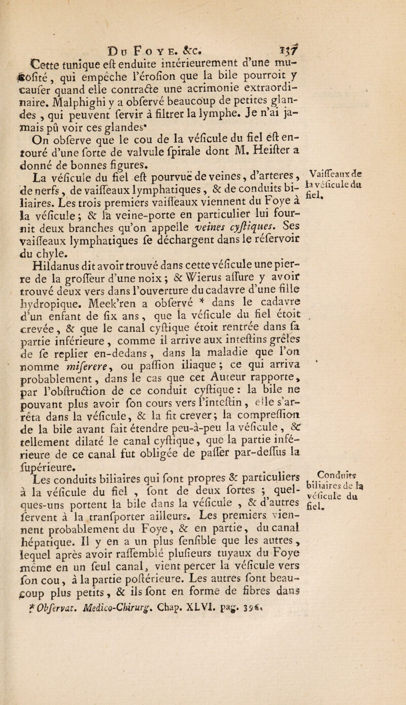 Cette tunique eft enduite intérieurement d’une mu- ÎSôfité, qui empêche l’érofion que la bile pourroit y caufer quand elle contrade une acrimonie extraordi¬ naire. Malphighi y a obfervé beaucoup de petites^glan¬ des , qui peuvent fervir à filtrer la lymphe. Je n’ai ja¬ mais pu voir ces glandes* On obferve que le cou de la vefîcule du fiel éft en¬ touré d’une forte de valvule fpirale dont M. Heifter a donné de bonnes figures. ... La véficuSe du fiel eft pourvue de veines, d’arteres, Vaifieauxde de nerfs, de vaiffeaux lymphatiques& de conduits bi- £e^ücu e a liaires. Les trois premiers vaiffeaux viennent du Foye à la véficuie ; & là veine-porte en particulier lui four¬ nit deux branches qu’on appelle veines cyfU^ues. Ses vaiffeaux lymphatiques fe déchargent dans le refervoir du chyle. Hildanus dit avoir trouvé dans cette véficuie une pier¬ re de la groftèur d’une noix ; & Wierus allure y avoir trouvé deux vers dans l’ouverture du cadavre d une fille hydropique. Meek’ren a obfervé * dans le cadavre d’un enfant de fix ans, que la véficuie du^ fiel étoit crevée, & que le canal cyftique étoit rentrée dans fa partie inférieure , comme il arrive aux inteftins grêles de fe replier en-dedans , dans la maladie que l’on, nomme mifereve, ou paffion iliaque \ ce qui arriva probablement, dans le cas que cet Auteur rapporte, par l’obftrudion de ce conduit cyftique : la bile ne pouvant plus avoir fon cours vers l’inteftin, ede s ar¬ rêta dans la véficuie, & la fit crever ; la compreflion de la bile avant fait étendre peu-à-peu la véficuie , 8c tellement dilaté le canal cyftique, que la partie infé¬ rieure de ce canal fut obligée de pafler par-deffiis la fupérieure. . . ~ . Les conduits biliaires qui font propres & particuliers Çondmts à la véficuie du fiel , font de deux fortes ^ quel- ques-uns portent la bile dans la véficuie , & d’autres £e^ fervent à la tranfporter ailleurs. Les premiers vien¬ nent probablement du Foye, & en partie, du canal hépatique. Il y en a un plus fenfible que les autres, lequel après avoir raffemblé plufieurs tuyaux du Foye même en un feul canal, vient percer la véficuie vers fon cou, à la partie poftérieure. Les autres font beau¬ coup plus petits, & ils font en forme de fibres dans *Obfervat. Medico-Chirurg. Chap. XLVI. pag-. 396*