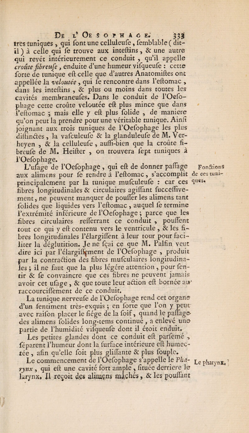 Ü£ L* Oe $ -O F H A G E* '331 très tuniques , qui font une celiuleufe, femblabîe ( dit- il ) à celle qui fe trouve aux inteftins, & une autre qui revêt intérieurement ce conduit , qu’il appelle croûte fibreufe, enduite d’une humeur vifqueufe : cette forte de tunique eft celle que d’autres Anatomiftes ont appellée la veloutée, qui fe rencontre dans l’eftomac » dans les inteftins , & plus ou moins dans toutes les cavités membraneufes. Dans le conduit de l’Oefo- phage cette croûte veloutée eft plus mince que dans 1*eftomac ; mais elle y eft plus folide , de maniéré qu’on peut la prendre pour une véritable tunique. Ainft joignant aux trois tuniques de l’Oefophage les plus diftindes , la vafculeufe & la glanduleufe de M. Ver- heyen , & la celiuleufe, auffi-bien que la croûte fi¬ breufe de M. Heifter , on trouvera fept tuniques à i’Oefophage. L’ufage de l’Oefophage , qui eft de donner paffage Fondions aux alimens pour fe rendre à l’eftomac, s’accomplit decestuiu- principalement par la tunique mufculeufe : car ces ques* fibres longitudinales & circulaires agiffant fucceffive- ment, ne peuvent manquer de pouffer les alimens tant folides que liquides vers l’eftomac , auquel fe termine l’extrémité inférieure de l’Oefophage ; parce que les fibres circulaires refferrant ce conduit , pouffent tout ce qui y eft contenu vers le ventricule , & les fi¬ bres longitudinales l’élargiffent à leur tour pour faci¬ liter la déglutition* Je ne fçai ce que M. Palfin veut dire ici par l’élargi%nent de l’Oefophage , produit par la contradion des fibres mufculaires longitudina¬ les ; il ne faut que la plus légère attention , pour fen- tir & fe convaincre que ces fibres ne peuvent jamais avoir cet ufage , & que toute leur adion eft bornée air raccourciffement de ce conduit. La tunique nerveufe de l’Oefophage rend cet organe d’un fentiment très-exquis ; en forte que l'on y peut avec raifon placer le fiége de la foif, quand le paflago- des alimens folides long-tems continué , a enlevé, uns- partie de l’humidité vifqueufe dont il étoit enduit.^ Les petites glandes dont ce conduit eft parfemé , féparent l’humeur dont la furface intérieure eft humec¬ tée , afin qu’elle foit plus gliffante & plus fouple. Le commencement de l’Oefophage s’appelle le Pha- £e pjjaryn1t# rynx , qui eft une cavité fort ample , fituée derrière le larynx. Il reçoit des alimens mâchés , & les pouffant