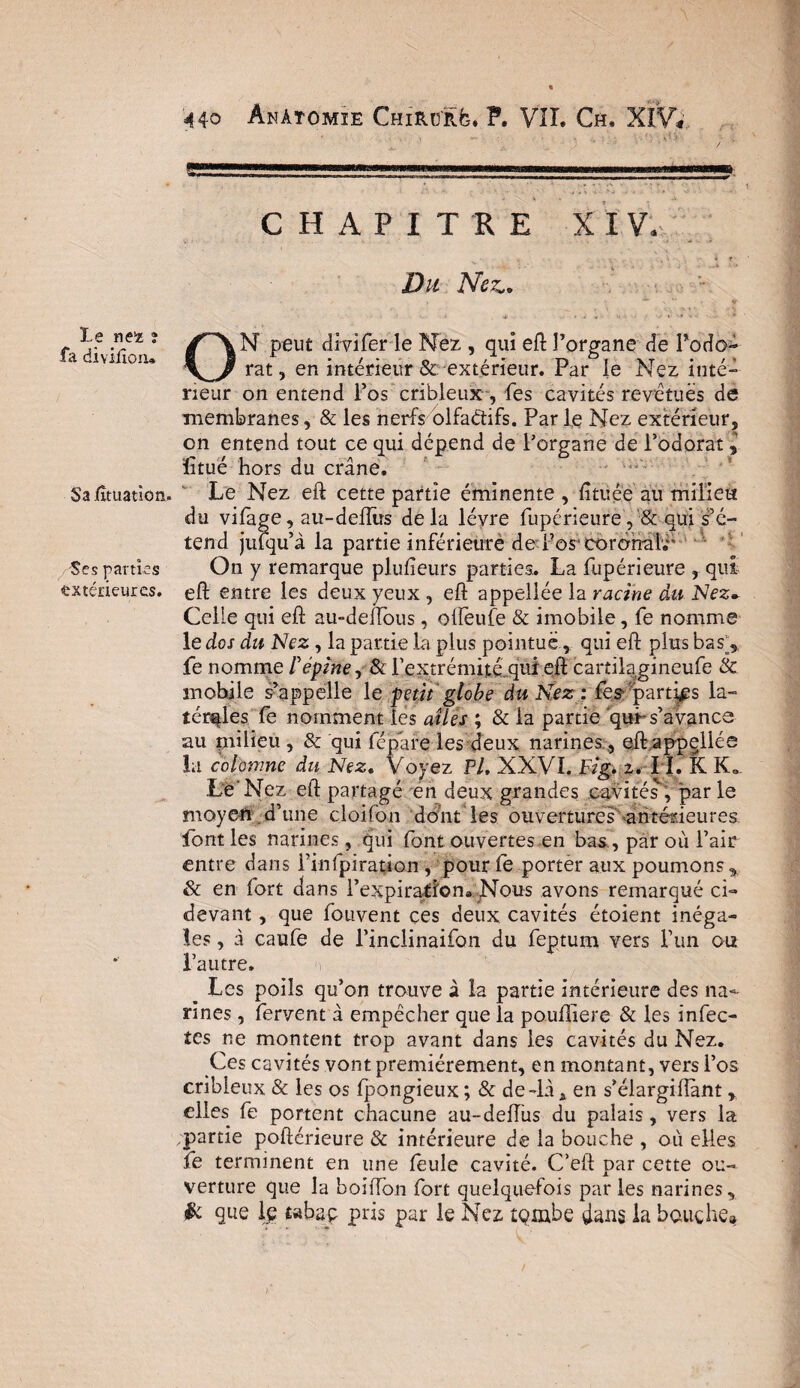 fa diviiîoiu Sa Jfîtuatiôn. Ses parties extérieures. 440 Anatomie CHiRBÎîfe. P. VII. Ch. XIV. CHAPITRE XIV. , . . , '« •- ■ i T Du Nez., ON peut divifer le Nez , qui eft l’organe de Todo^ rat, en intérieur & extérieur. Par le Nez inté¬ rieur on entend l’os cribleux , fes cavités revêtues de membranes, & les nerfs olfaétifs. Par le Nez extérieur, on entend tout ce qui dépend de l’organe de l’odorat ïitué hors du crâne. Le Nez eft cette partie éminente , fitiiee au milieu du vifage, au-delîus delà lèvre fupérieure , & qui s’é¬ tend julqu’à la partie inférieure de-For coronal. On y remarque plufieurs parties. La fupérieure , qui eft entre les deux yeux , eft appellée la racine du Nez» Celle qui eft au-deïïbus, olfèufe & imobile, fe nomme le dos du Nez, la partie la plus pointue, qui eft plus bas’, fe nomme /’épine, & l’extrémité.qui eft cartilagineufe & mobile s’appelle le petit globe du Nez : les parties la¬ térales fe nomment les ailes ; & la partie quf s’avance au milieu , & qui fépâre les deux narineseft appellée la colomne du Nez. Voyez PL XXVI. Fig. 2. I I. K Ks Le’Nez eft partagé en deux grandes cavités, parle moyen .d’une cloifon dont les ouvertures antérieures font les narines , qui font ouvertes en bas, par où l’air entre dans l’infpiration, pour fe portér aux poumons, & en fort dans l’expirariona Nous avons remarqué ci- devant , que fouvent ces deux cavités étoient inéga¬ les , à caufe de l’inclinaifon du feptum vers l’un ou l’autre. _ Les poils qu’on trouve à la partie intérieure des na¬ rines , fervent à empêcher que la pouftiere & les infec¬ tes r.e montent trop avant dans les cavités du Nez. Ces cavités vont premièrement, en montant, vers l’os cribleux & les os fpongieux ; & de-là a en s’élargiflànt, elles fe portent chacune au-defius du palais, vers la partie poftérieure & intérieure de la bouche , où elles fe terminent en une feule cavité. C’eft par cette ou¬ verture que la boiffon fort quelquefois par les narines, & que lp tabae pris par le Nez tqmbe dans la bouche»