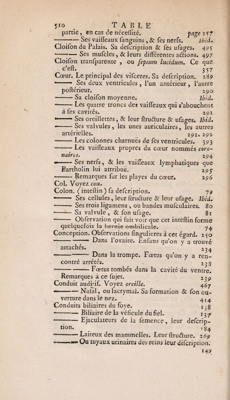 ?rô T A B L E partie, en cas de néceffité. page if? * ---Ses vaiffeaux fanguins, & Tes nerfs. Ibid. Cioifon du Palais. Sa defcription & les ufages. 495 * --— Ses mufcles, & leurs différentes adions. 497 Cioifon tranfparente , ou feptum lucïdum. Ce que c’eft. 357 Cœur. Le principal des vifceres. Sa defcription. 289 ’-- Ses deux ventricules, l’un antérieur , l’autre poftérieur. 290 --Sa cioifon moyenne. Ibid* --Les quatre troncs des vailfeaux qui s’abouchent à fes cavités. 291 Ses oreillettes, & leur flrudure & ufages. Ibid. ■-- Ses valvules, les unes auriculaires, les autres artérielles. 291. 292 --Les colonnes charnues de fes ventricules. 393 --- Les vaiiïeaux propres du cœur nommés coro¬ naires. 294 «*■■■■ ■— Ses nerfs, & les vailfeaux lymphatiques que Bartholin lui attribue. 295* -—— Remarques fur les pîayes du cœur. 296 Col. Voyez cou. Colon. ( intefrin ) fa defcription. 79 ——» Ses cellules, leur ftrudure & leur ufage. Ibid. -—— Ses trois ligamens , ou bandes mufculaires. 80 *——- Sa valvule , & fon ufage. 81 --- Obfervation qui fait voir que cet inteftin forme quelquefois la hernie ombilicale. 74 Conception. Obfervations lîngulieres à cet égard. 250 r Dans 1 ovaire. Lnfans qu’on y a trouvé attachés. 234 --Dans la trompe. Fœtus qu’on y a ren¬ contré arretés. . 238 --—— Fœtus tombés dans la cavité du ventre. Remarques à ce fujet. 239 Conduit auditif. Voyez oreille. 467 —-Natal, ou lacrymal. Sa formation 8c fon ou¬ verture dans le nez. 4,4 Conduits biliaires du foye. i^g •—-Biliaire de la vélîcuîe du fiel. 137 --Ejaculateurs de la femence, leur defcrip- tion. r 84 ■—-Laiteux des mammelles. Leur ftrudure. 269 ■ Ou tuyaux urinaires des reins leur difcription. 14 9