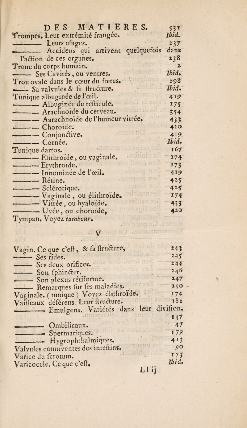 DES MA TIERE S. *31 Trompes* Leur extrémité frangée. Ibid. ». ■ Leurs ufages. _ 237 «---Accidens qui arrivent quelquefois dans l’adion de ces organes. 238 Tronc du corps humain. ^ 2 -- Ses Cavités, ou ventres. Ibid» Trou ovale dans le cœur du fœtus. 298 •——» Sa valvules & fa ftrudure. Jbid, Tunique albuginée de l’œil. 4*9 - --Albuginée du teflicuîe. 17% .-Arachnoïde du cerveau. ^ 354 -Aarachnoïde de l’humeur vitrée. 433 .-Choroïde. 42.0 — --Conjonéïive. 4 ]9 —- — Cornée. Ibid, Tunique dartos. ^ t^7 -Eiithroïde, ou vaginale. 174 -Erythroide. *73 --— Innominée de l’œil. 4*9 --Rétine. 4M -Sclérotique. 4M - -—Vaginale, ou elithroïde. *74 -Vitrée, ou hyaloïde. 433 - — Uvée, ou choroïde, 42° Tympan, Voyez tambour. V Vagin. Ce que c’eft, & fa ftruéfure, 243 ■-Ses rides. z4? - Ses deux orifices. 244 —1— Son fphinâer. z4^ - Son plexus rétiforme. . z47 - Remarques fur fes maladies, ^ 25° - Vaginale. ( tunique ) Voyez éhthroïde. 174 Vaiffeaux déférens. Leur ftruclure. . . ___ Emulgens. Variétés dans leur divilïon. 147 — --■ Ombilicaux. v 47 --— Spermatiques. 179 . — Hygrophthal nuques, 4T3 Valvules conniventes des inteïlins# 9° Varice du fcrotum. 1 7 3 Varicocele. Ce que c’efi. Ibid, s Llij