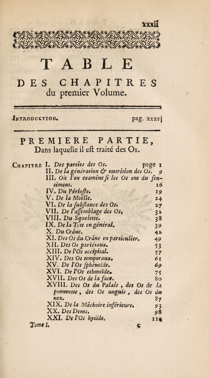 DES CHAPITRES du premier Volume* ÏN TRODUCTION, pag, XXXVJ PREMIERE P AR TIE, Dans iaquelle il efl: traité des Os. Chapitre I. De: parties des Os. ^ ^ page ï îl. De la génération ô' nutrition des Os. III. Où ton examineJi les Os ont du fen-* timent, i6 IV* Du Virîojîe. V. De la Moelle. 24 VI. De la [ubjîance des Os» 27 Vil. De l'ajfemblage des Os» 32 VIII. Du Squelette. 38 IX. De la Tête en général, 35? X. Du Crâne. 4a XI. Des Os du Crâne en particulier» 49 XII. Des Os pariétaux» 53 XIII. De l’Os occipital. 57 XIV. Des Os temporaux» 61 XV. De l'Os fphénoïde, 6p XVI. De l’Os ethmoïde» 75 XVI ï. Des Os de la face. 80 XVIII. Des Os du Palais , des Os de la pommette, des Os unguis , des Os du nez. 87 ^l^. De la Mâchoire inférieure» ^3 X-X.DesDems, XXL De l’Os hyoïde» Jflwr I» 9